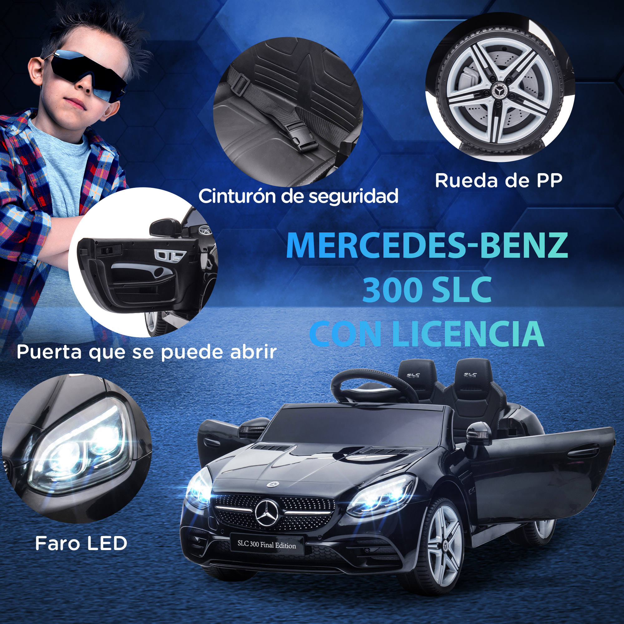 Coche Eléctrico para Niños de +3 Años, Mercedes SLC 300, Coche Eléctrico 12V, con Mando a Distancia 2,4 G, Ruedas Traseras con Suspensión, Faros LED, Música, USB, Motor Doble, Negro