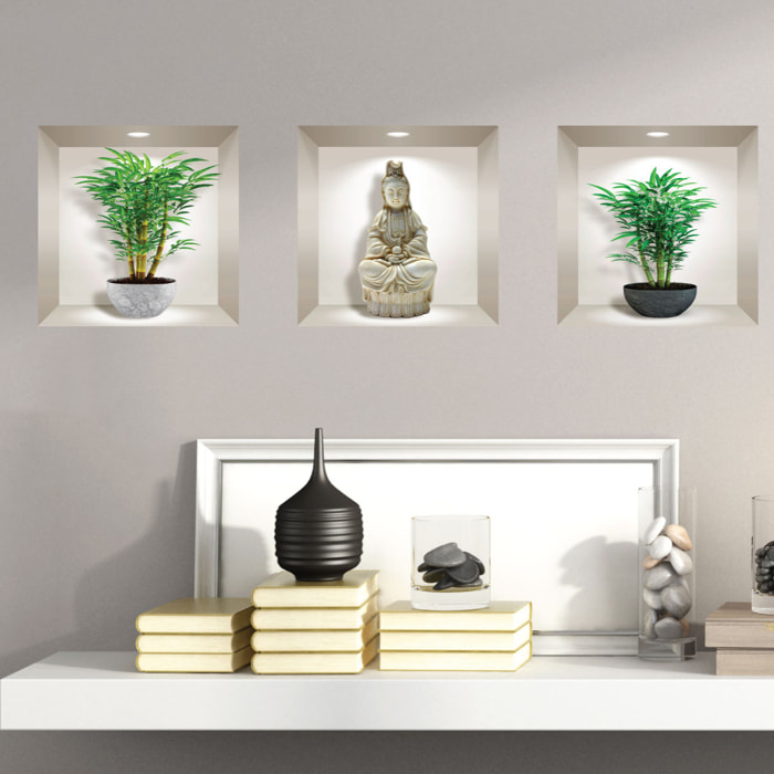 Stickers muraux 3D | Sticker Mural Autocollant effet 3D bambous et bouddha - Stickers adhésifs 3D Chambre Salon Trompe l'oeil