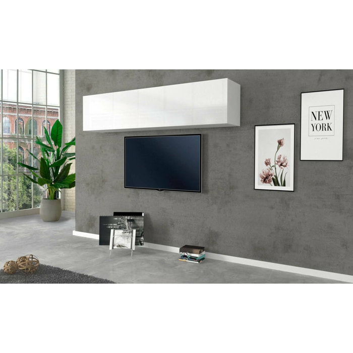 Mobile pensile Anette, Armadio multiuso, Mobiletto a muro, 100% Made in Italy, cm 180x30h40, Bianco lucido