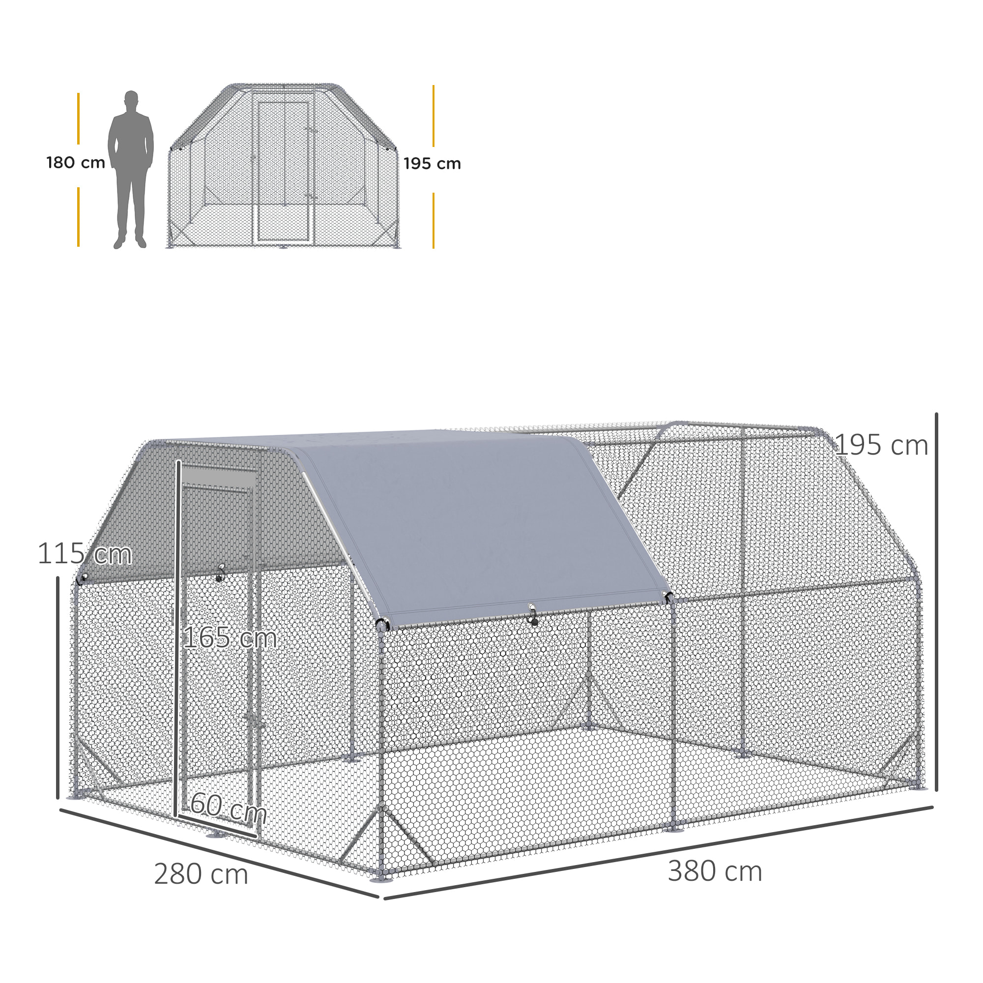 Gallinero para Exterior Grande, 2,8x3,8x1,95 m, Gallinero de Acero Galvanizado con 2 Habitaciones, Cubierta de Tela Oxford, Anti-UV e Impermeable, Jaula para 10-12 Gallinas y Conejos, Plata