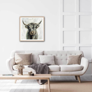 Affiche Vache highland aquarelle Affiche + cadre en bois - Chêne