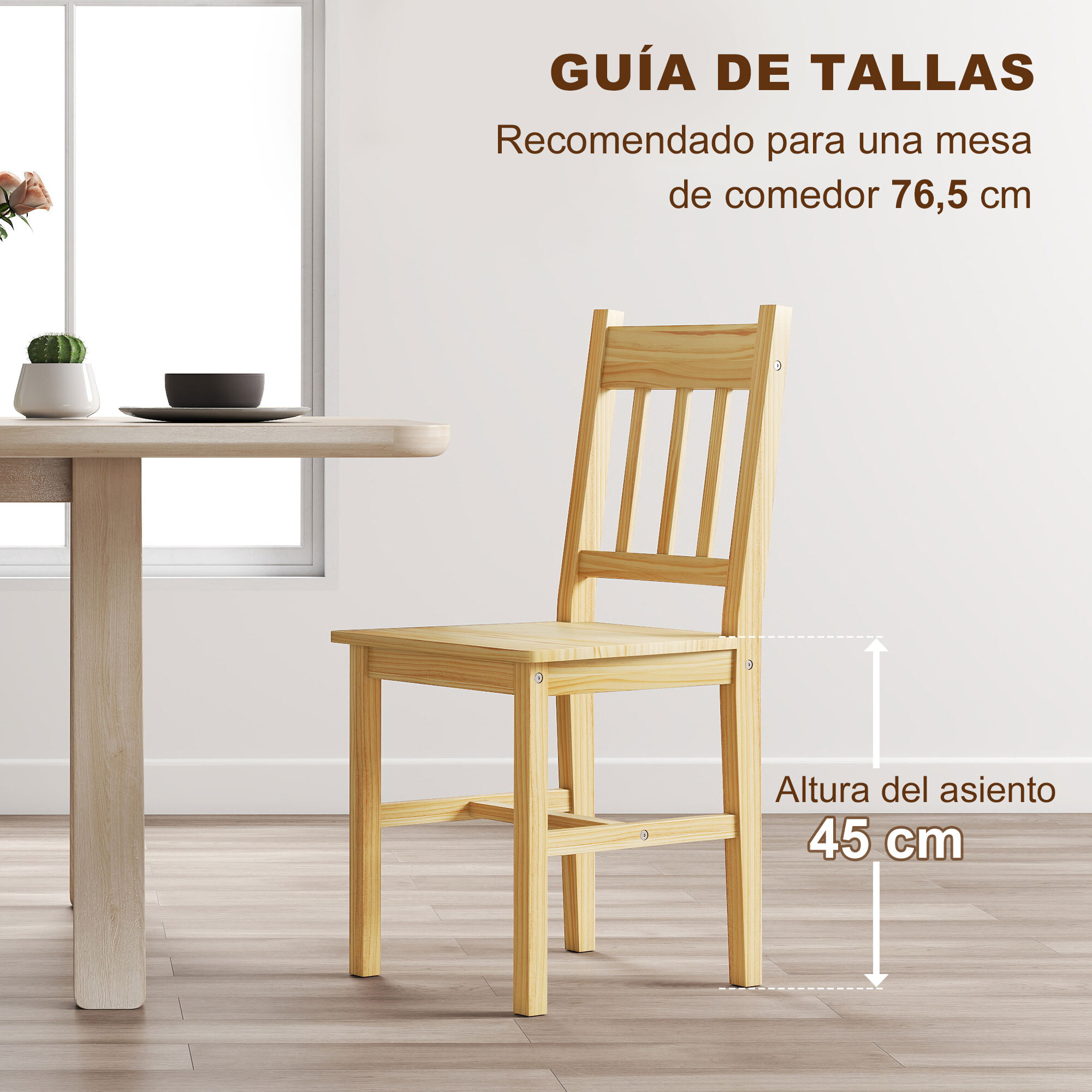 Juego de 2 Sillas de Comedor de Madera Maciza de Pino, Sillas de Cocina con Respaldo de Listones, Asiento Amplio, para Salón, Madera Natural