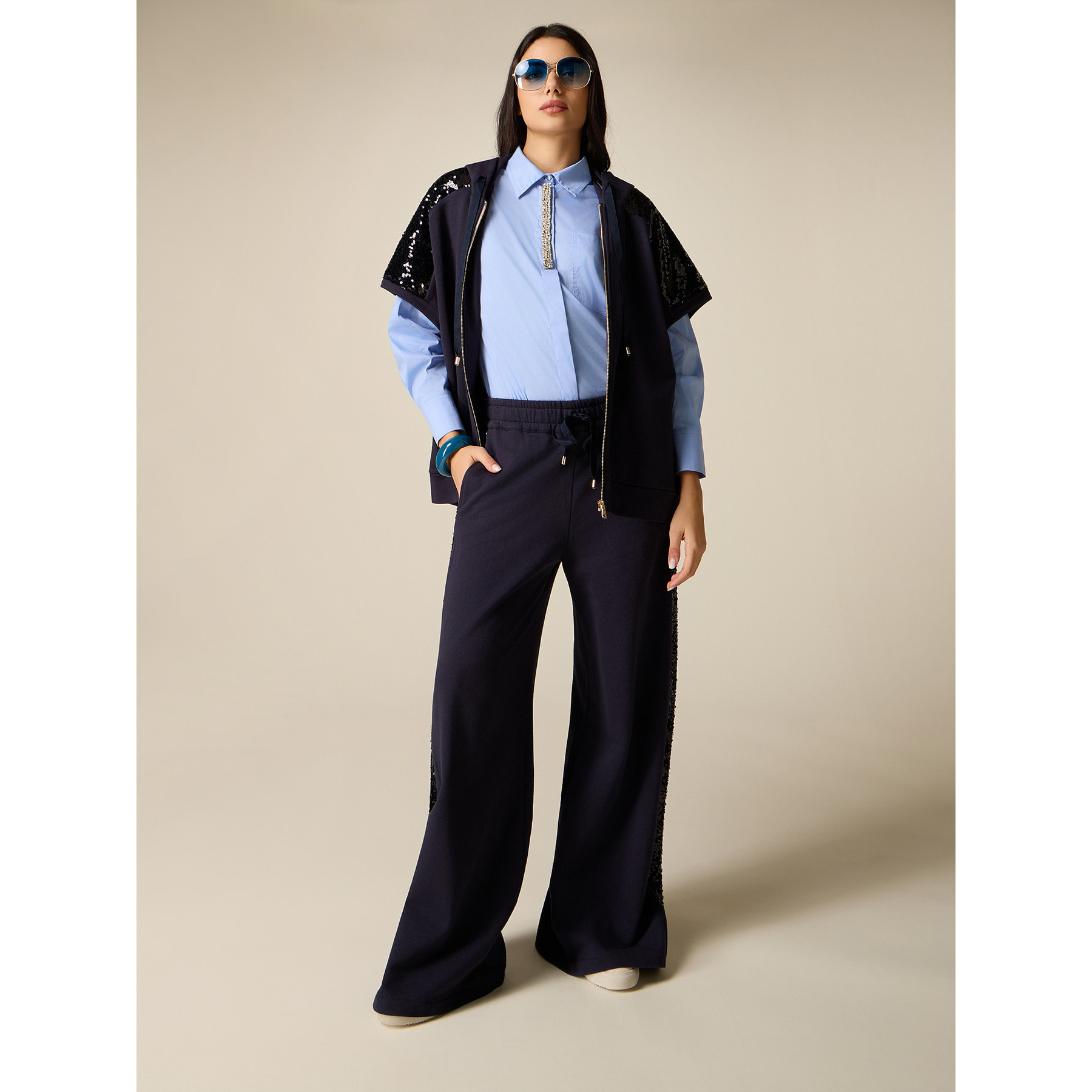 Oltre - Pantalones palazzo de felpa con lentejuelas - Azul