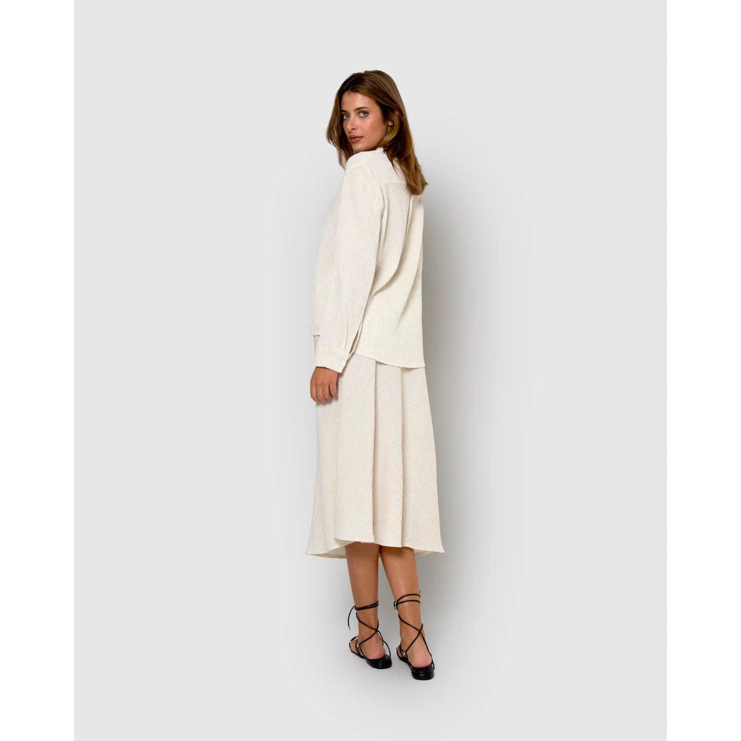 Falda midi evasé algodón lino natural