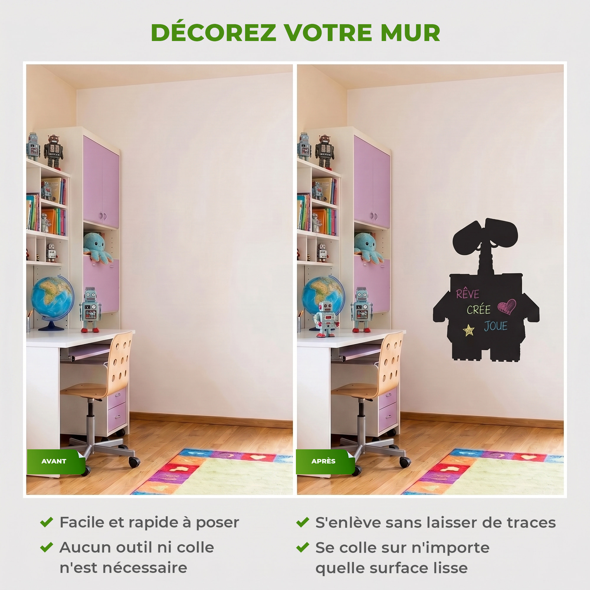 Sticker ardoise tableau noir - stickers muraux adhésif effaçable - SILHOUETTE ROBOT