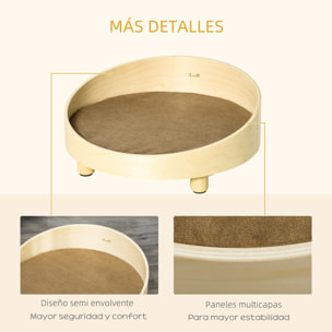 Cama de Madera para Perros Gatos Sofá Redondo para Mascotas Pequeñas con Cojín Acolchado y Patas Ø59x23,5 cm Natural