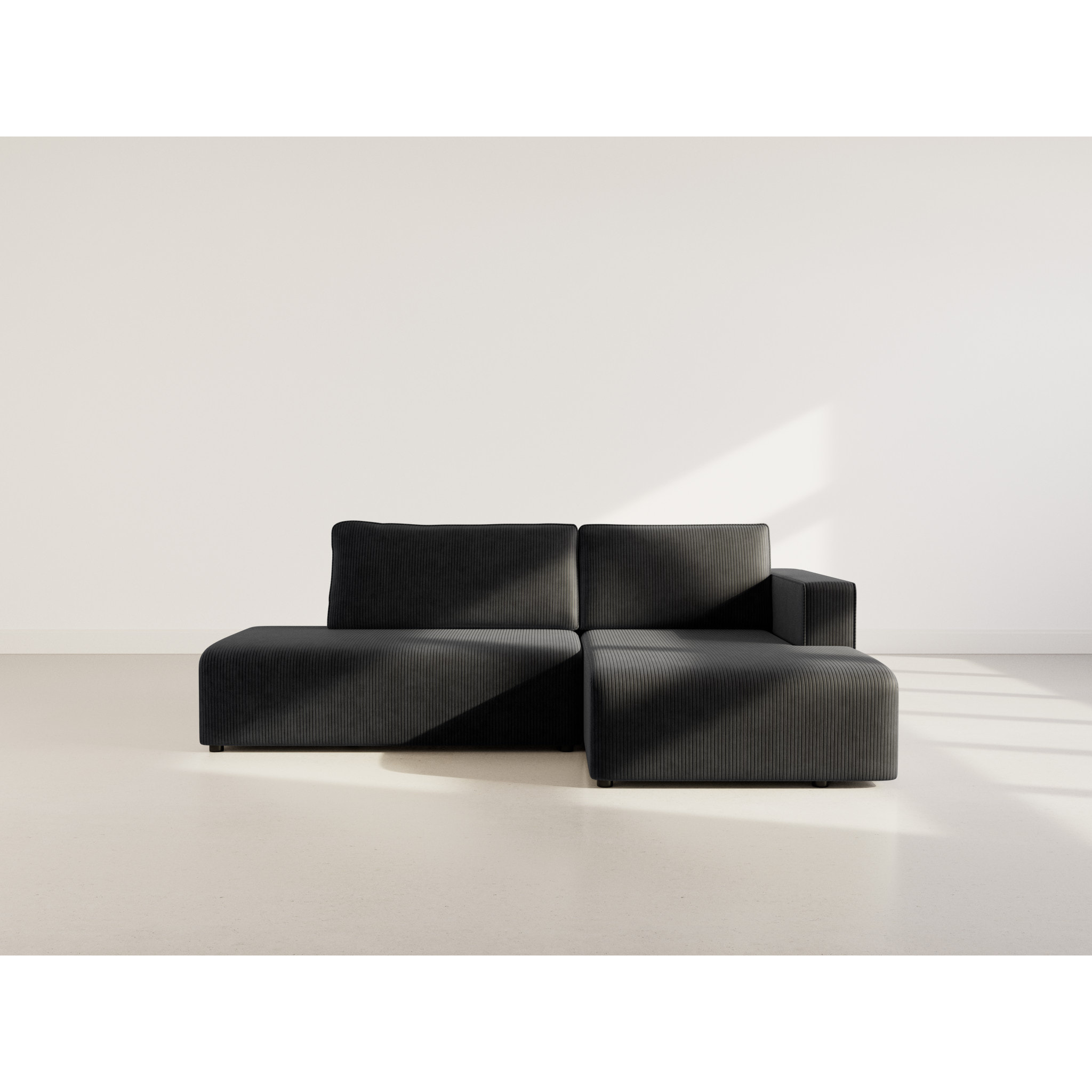 Topaze - canapé d'angle droit 4 places convertible avec coffre en velours côtelé - Noir