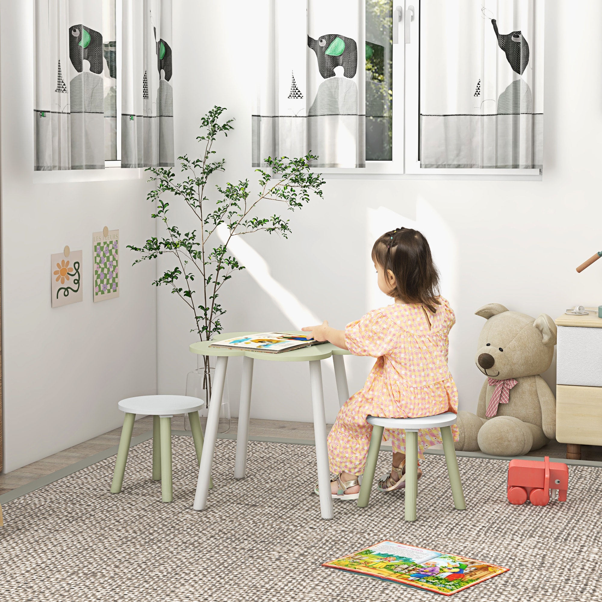 Juego de Mesa y 2 Sillas Infantiles Mesa con Sillas para Niños de 2-5 Años con Mesa en Forma de Flores Ø59x50 cm y Sillas Ø28x26 cm para Dormitorio Sala Blanco y Verde Pastel