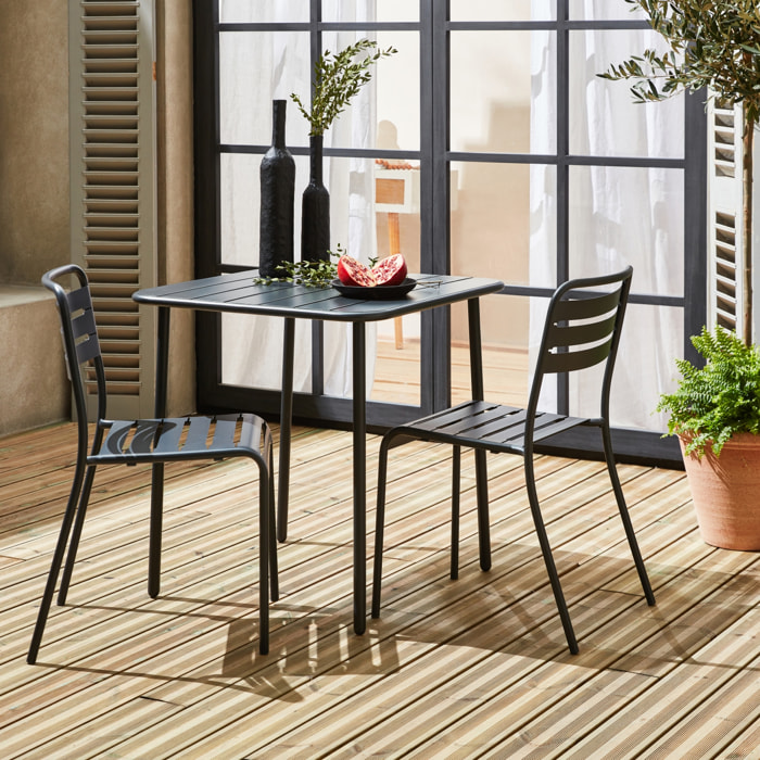 Table de jardin métal + 2 assises anthracite Amélia. lattes et bords arrondis. traitement antirouille