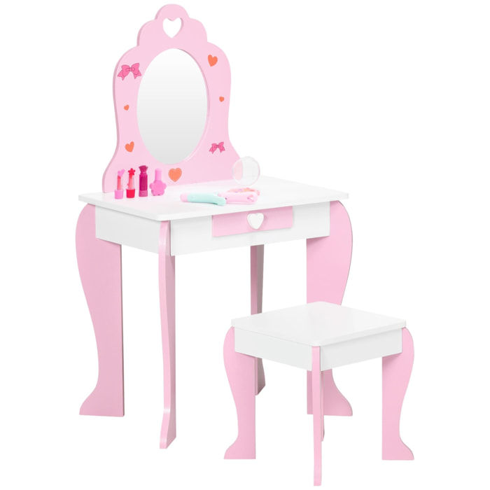 Coiffeuse enfant design girly motif coeur - tiroir, miroir, tabouret inclus - MDF - blanc rose
