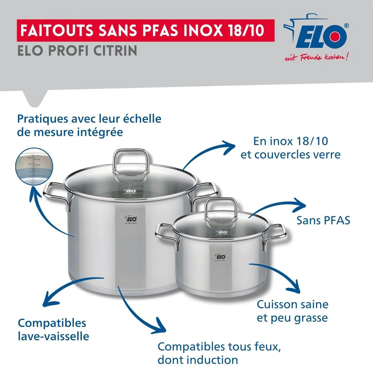 Ensemble de 1 Poêle de cuisson 32 cm et 2 faitouts 20 et 26 cm Elo Profi Citrin