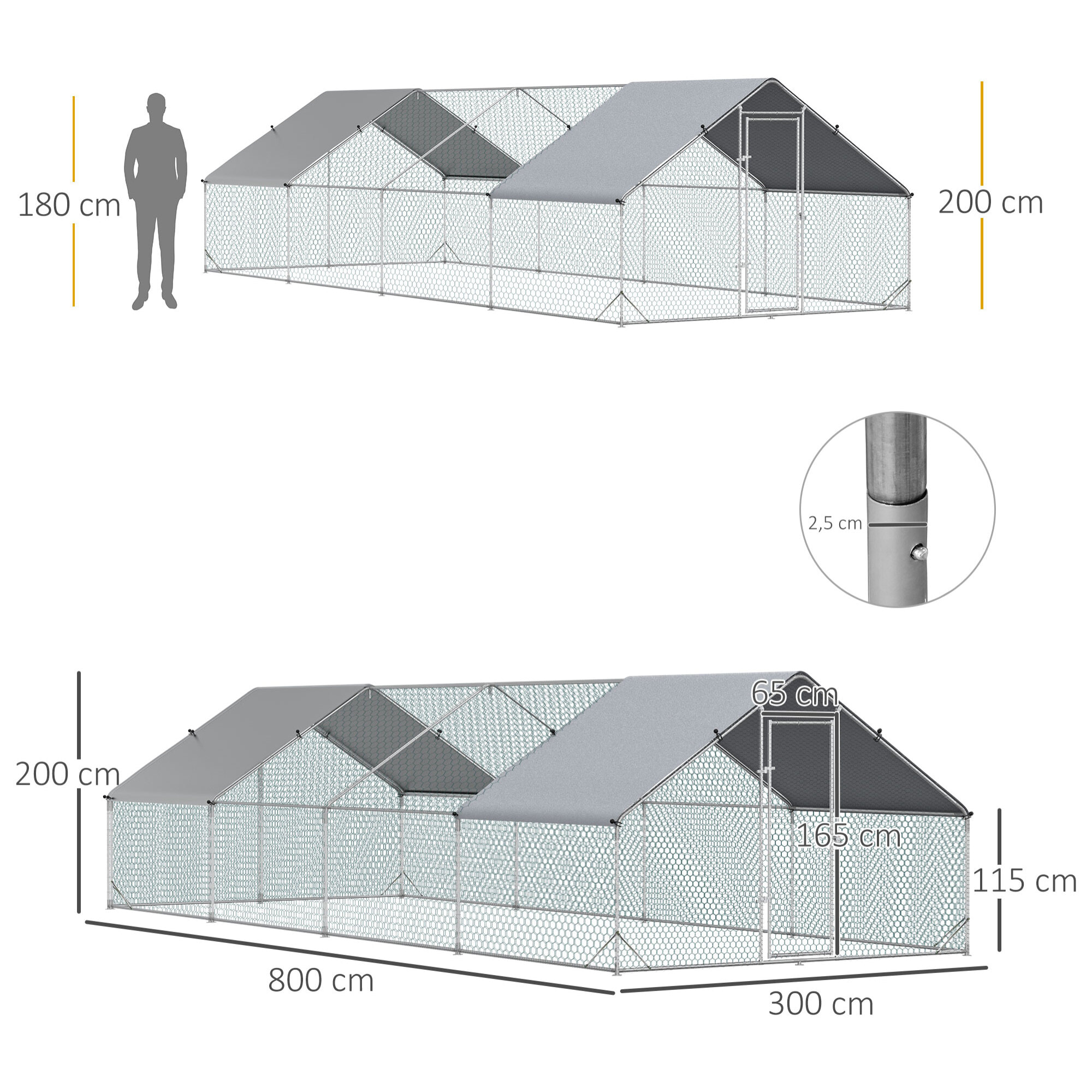 Enclos poulailler chenil 24 m² - parc grillagé dim. 8L x 3l x 2H m - double espace couvert - acier galvanisé