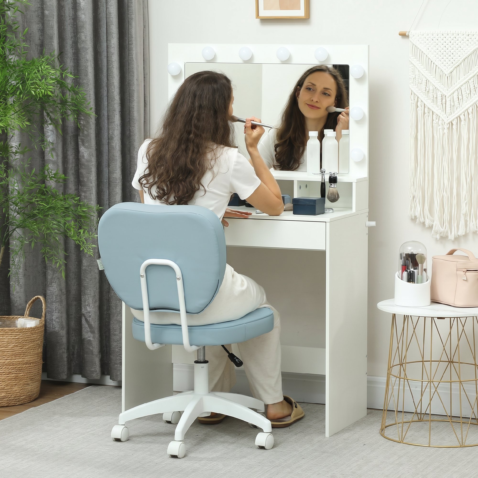 Silla de Escritorio Tapizada en PU Silla de Oficina Giratoria con Altura Ajustable sin Brazos Carga 120 kg para Estudio Dormitorio 46x59x82-92 cm Azul Claro