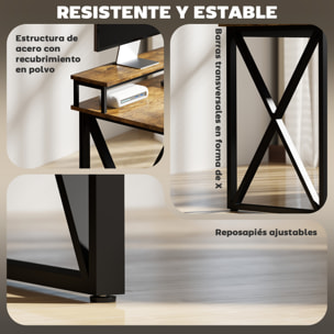 Escritorio Esquinero con Luces LED Escritorio en Forma de L con Estación de Carga 2 Compartimentos 2 Cajones de Tela Soporte para Monitor para Oficina en Casa Marrón Rústico