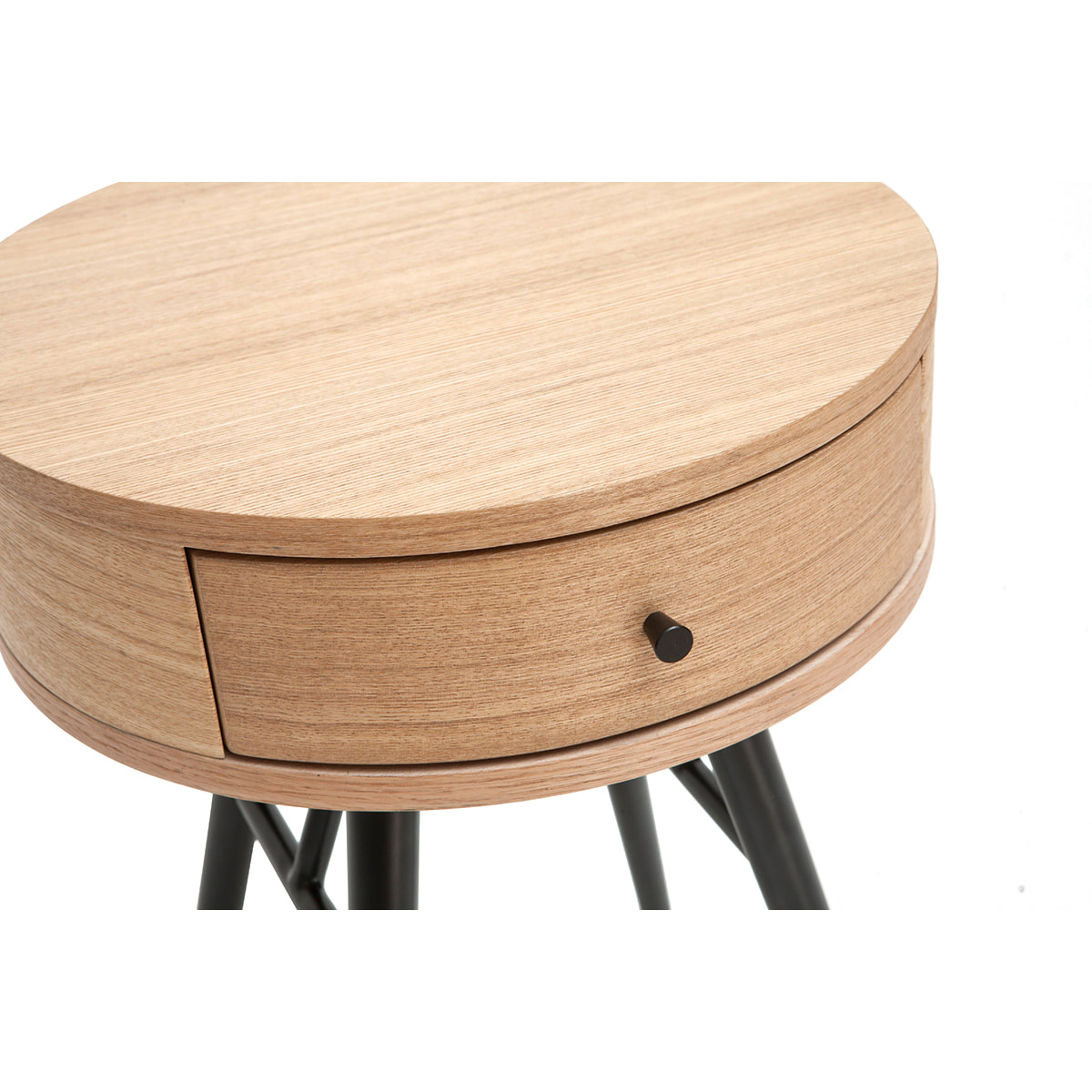 Table de chevet ronde avec tiroir bois clair et métal noir KORAL