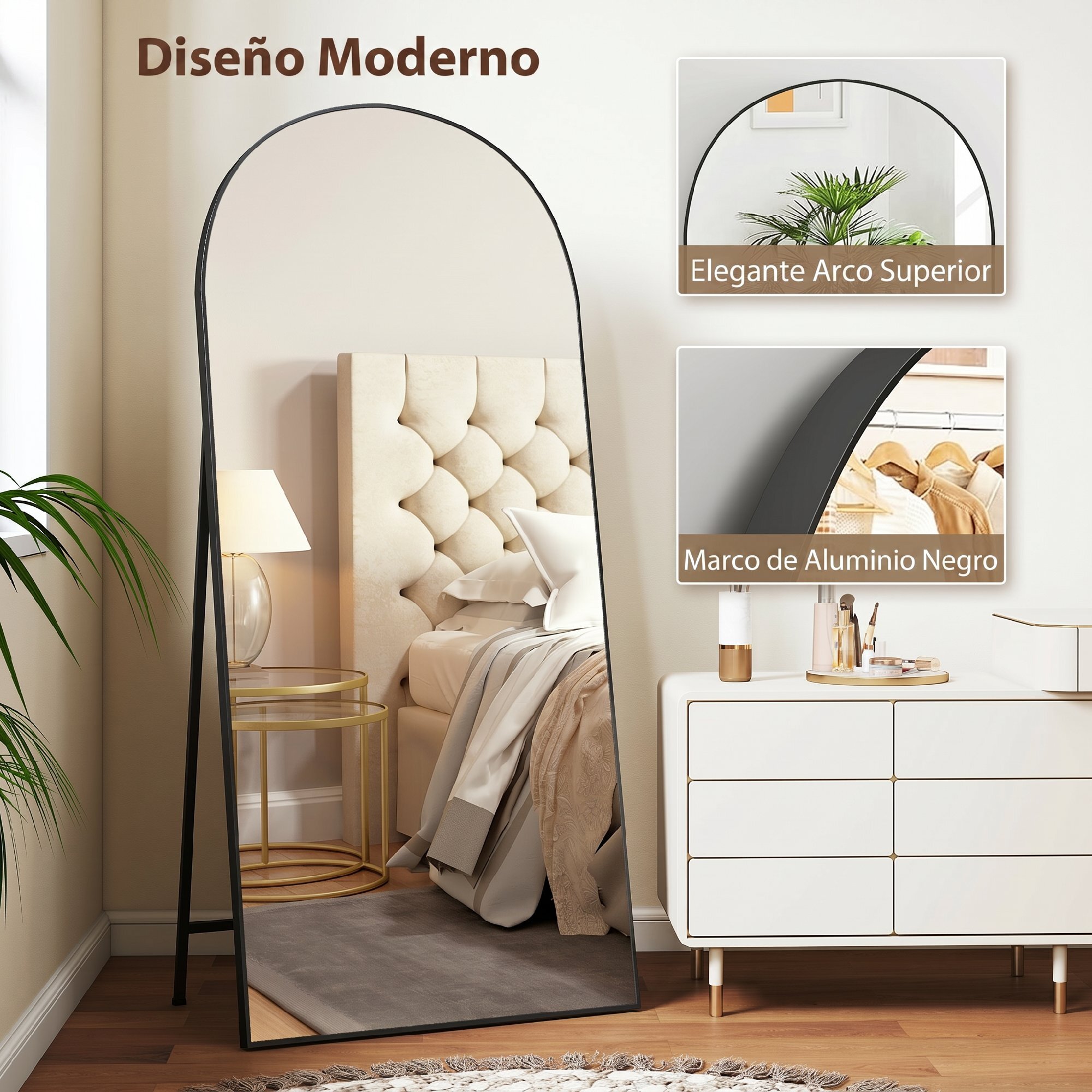 Espejo de Cuerpo Entero, 180x80 cm, Espejo de Pie Arqueado, Marco de Aluminio Negro, Independiente, Apoyado y de Pared, para Dormitorio, Salón