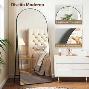 Espejo de Cuerpo Entero, 180x80 cm, Espejo de Pie Arqueado, Marco de Aluminio Negro, Independiente, Apoyado y de Pared, para Dormitorio, Salón
