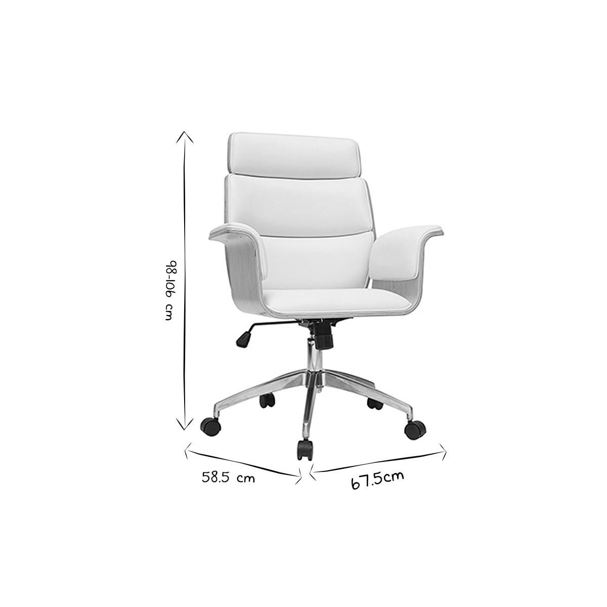 Fauteuil de bureau à roulettes design blanc, bois clair et acier chromé ELON