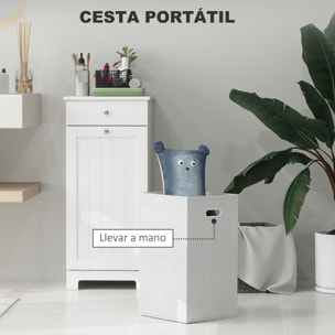 Armario de Baño con Cesto Ropa Sucia Abatible, Mueble Ropa Sucia con Bolsa de Tela Plegable y Cajón, Ideal para Lavandería, Blanco, 40x38x90 cm