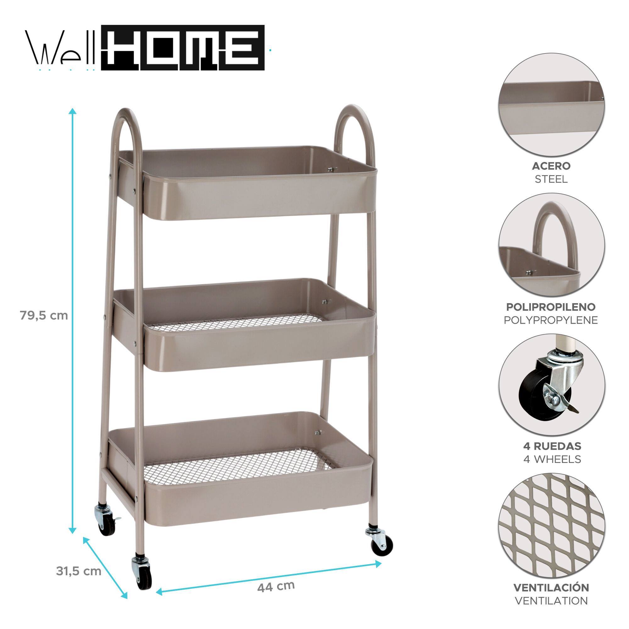 Well home carro de cocina rolling color taupe con 3 cestas y ruedas 44x31,5x79,5cm