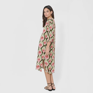 Vestido midi bambula detalles plisados amapola verde/rosa