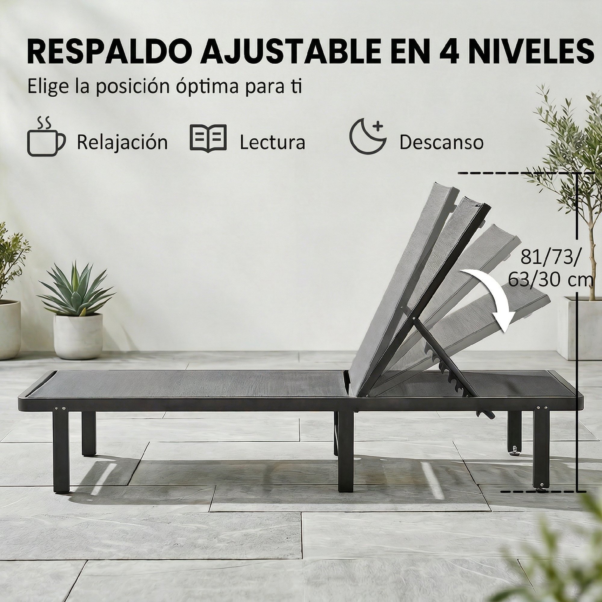 Pack de 2 Tumbonas de Jardín Exterior, Tumbonas Reclinables con Ruedas, Respaldo Ajustable de 4 Niveles, Estructura de Aluminio y Tela Textilene, Resistentes, para Playa, Piscina, Gris Oscuro