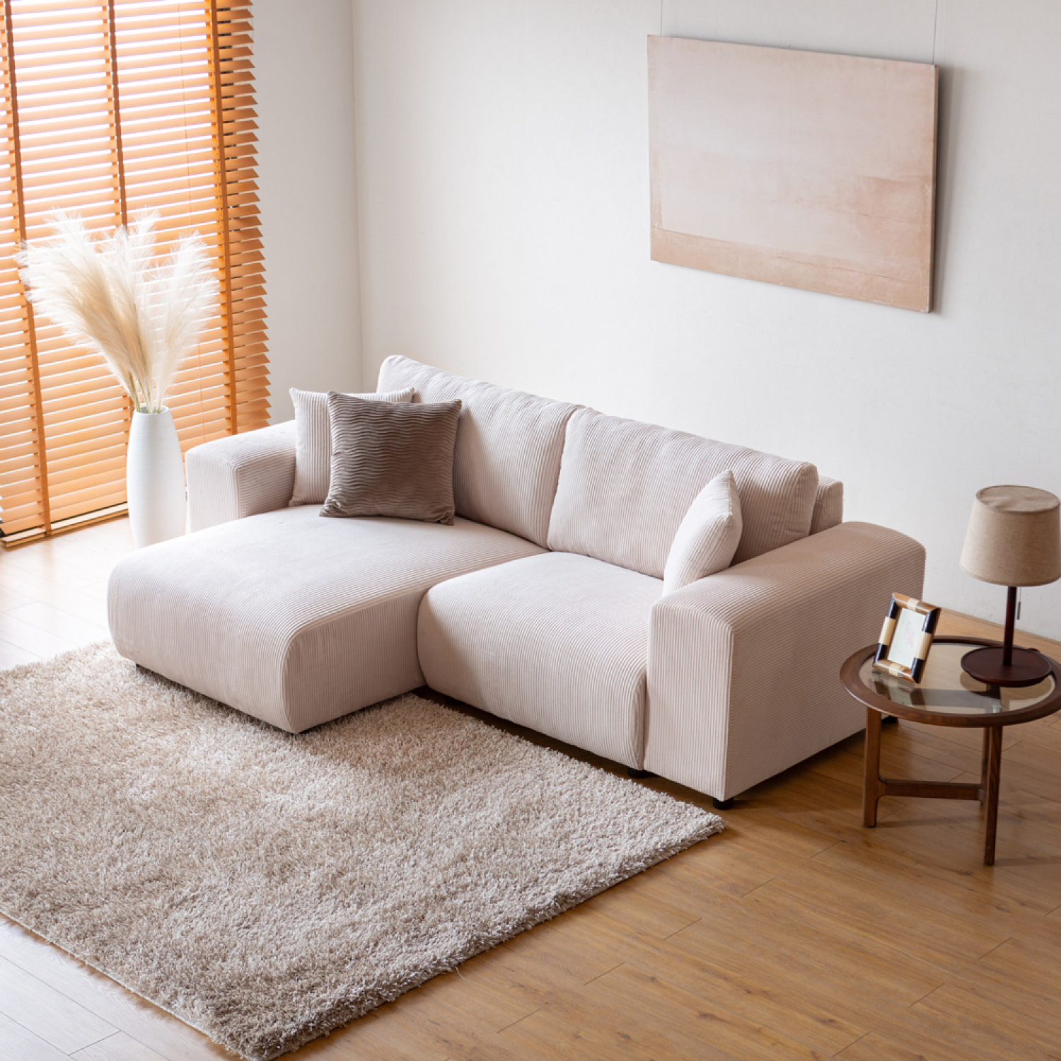 JAMBI Canapé d'angle modulable 3 places en velours côtelé beige