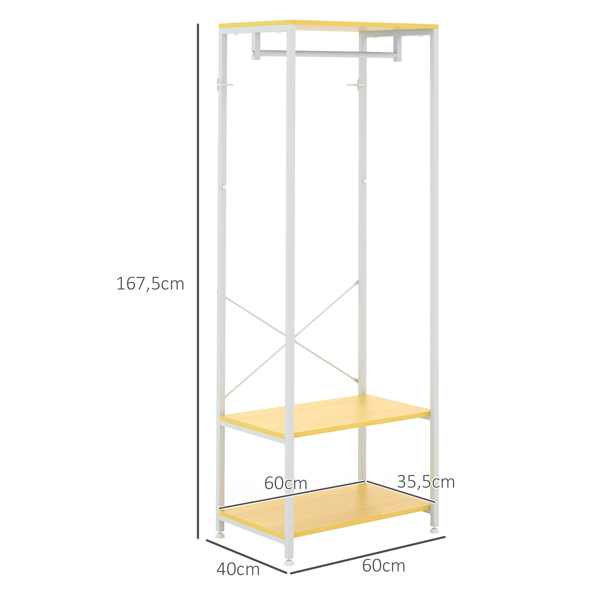 Perchero con Zapatero Perchero Entrada Recibidor con Riel Colgante y 2 Estantes de Almacenamiento para Pasillo Dormitorio 60x40x167,5 cm Natural y Blanco