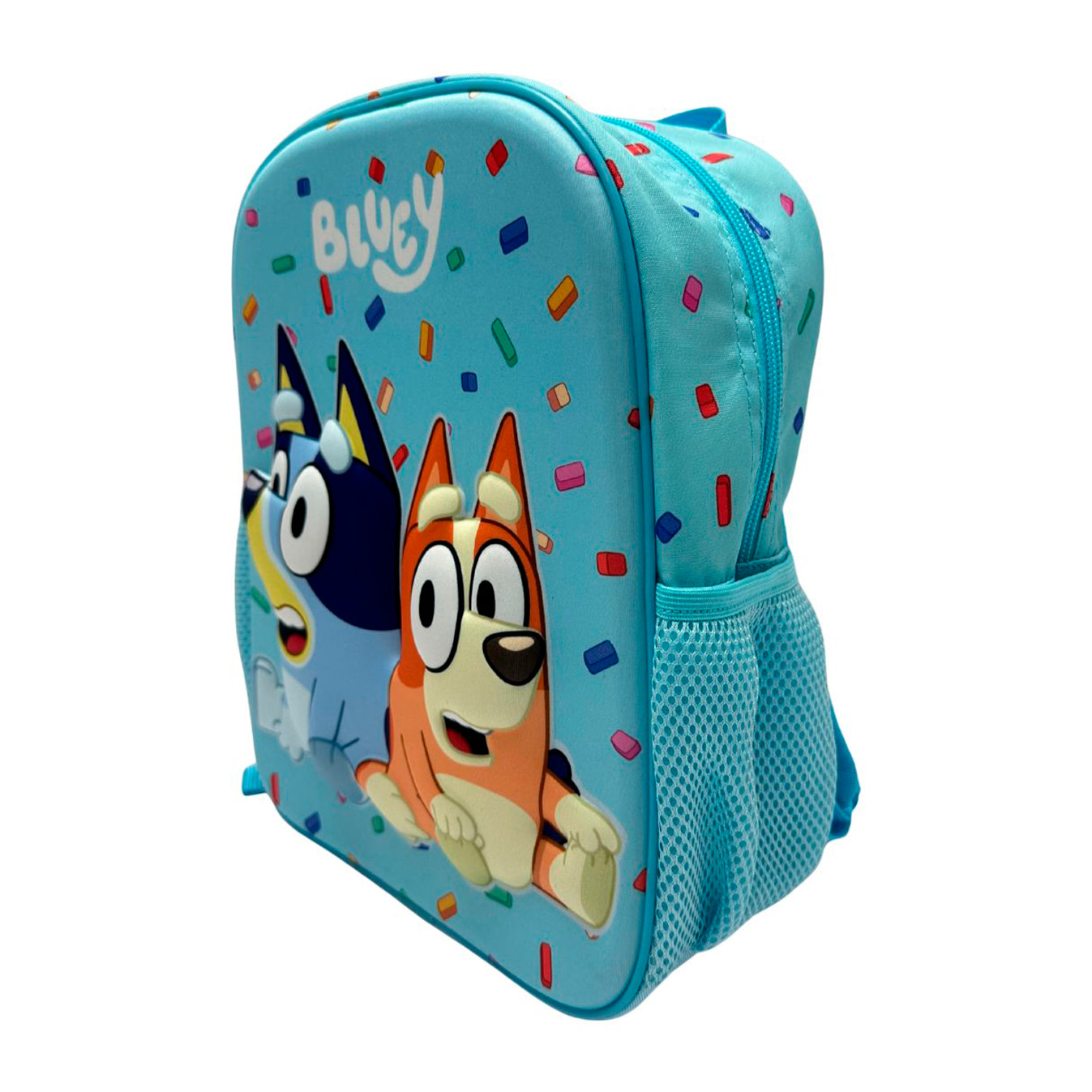 Zaino per la scuola materna 3D Eva Bluey. Tasche laterali. Con personaggi in rilievo 3D.