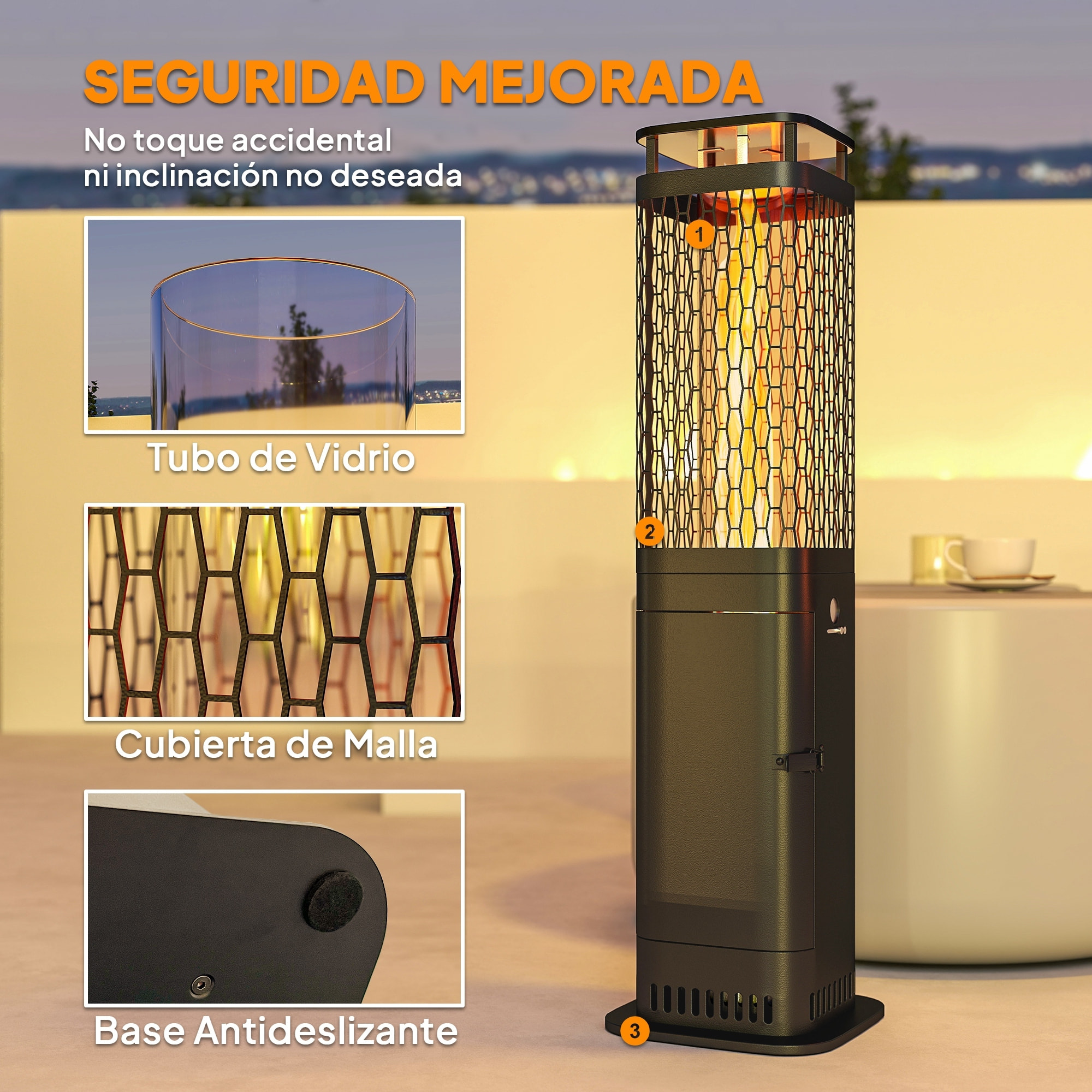 Estufa de Pellets, 6.86 KW, sin Electricidad, Estufa de Leña con Tubo de Vidrio, Base Antideslizante y Rejilla Metálica, Calefactor de Pellets sin Humo para Jardín, Terraza, Exterior, Negro