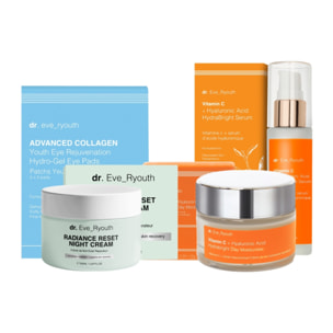 Crema de noche Radiance Reset + Parches de hidrogel para ojos + Hidratante de día Hydrabright + Sérum