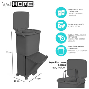 Papelera de reciclaje de clasificación selectiva con pedal, rudas y asa de doble compartimentos color negro antracita de 38l (24l + 14l)