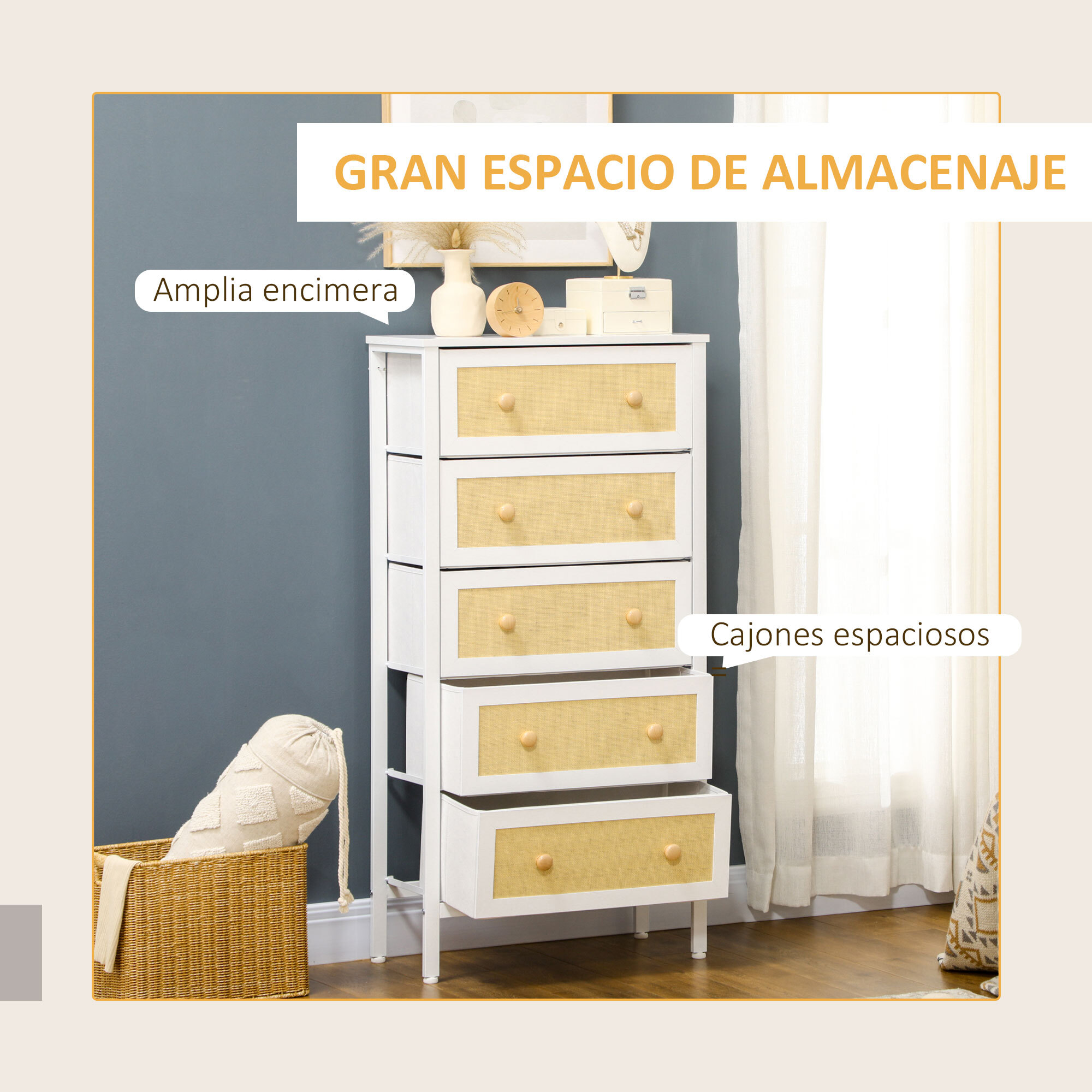 Cómoda de Dormitorio Cajonera de Estilo Bohemio con 5 Cajones de Tela Plegable Superficie de Ratán PE y Marco de Acero para Entrada Salón Pasillo 62x30x126,5 cm Blanco