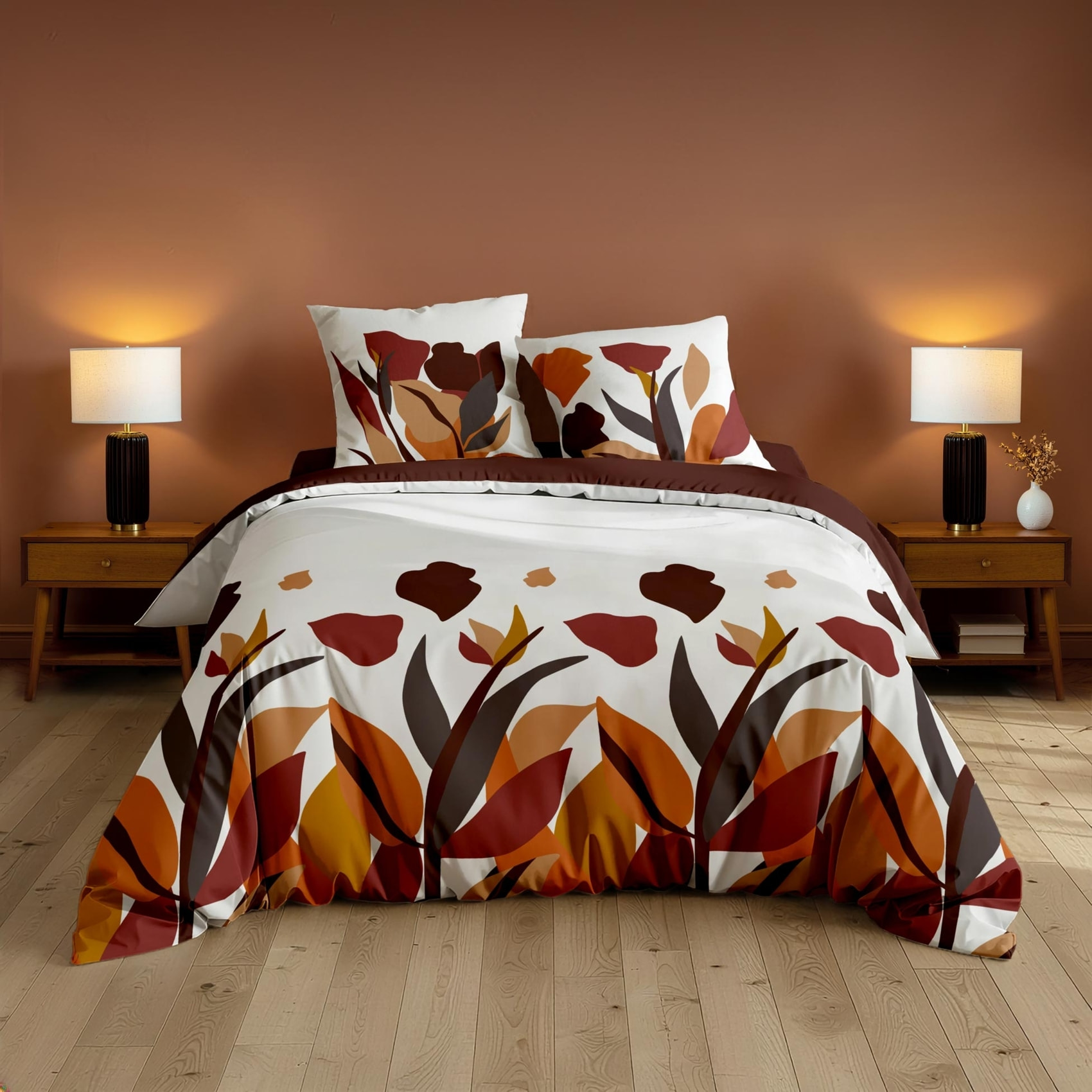 Parure de lit 3 pièces 100 % coton imprimé à motif floral housse + taies - Rouge
