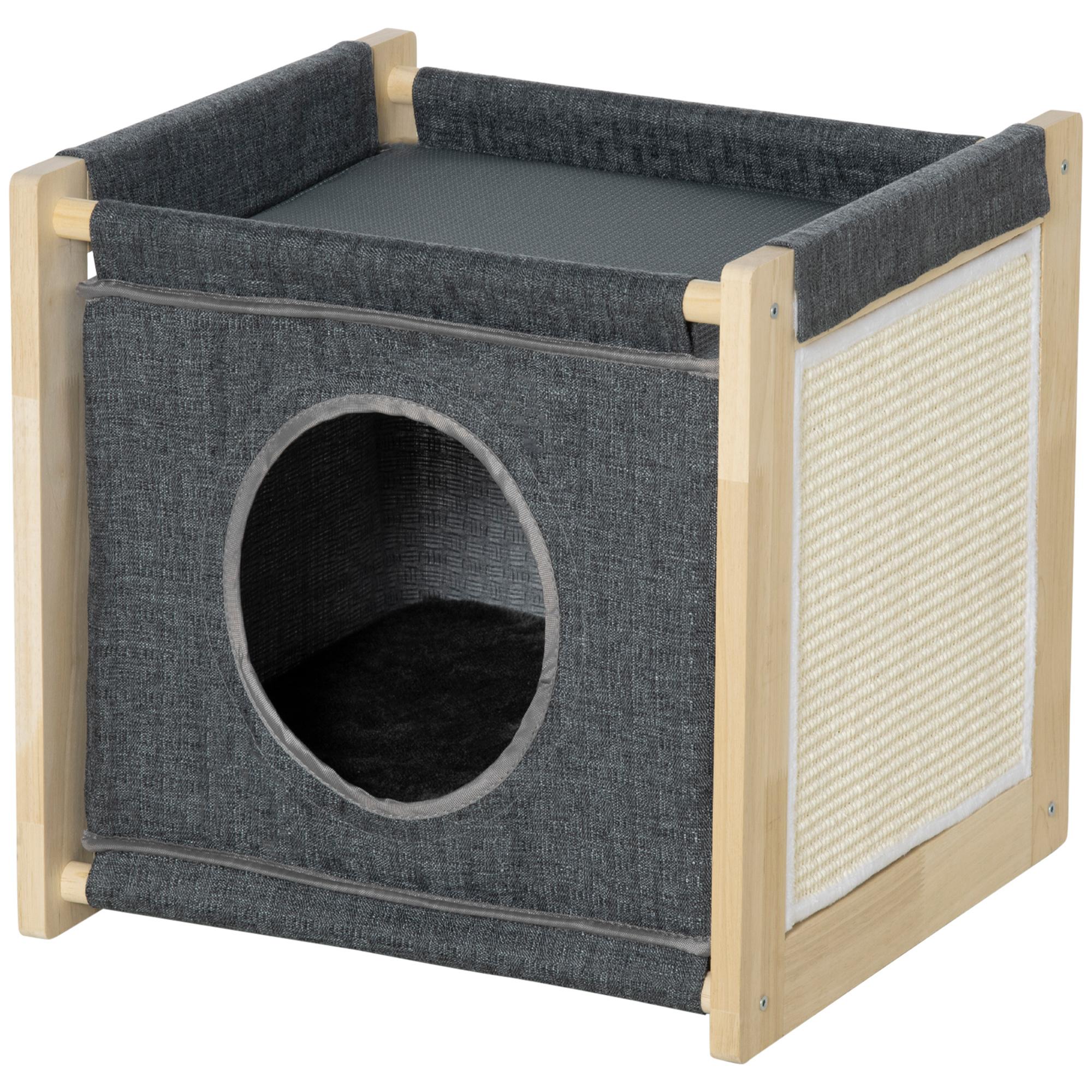 PawHut Cama Cueva para Gatos Casa para Gatos de Interior con Cojín Extraíble y Lavable Rascador de Sisal y Marco de Madera 40x40x40,5 cm Gris