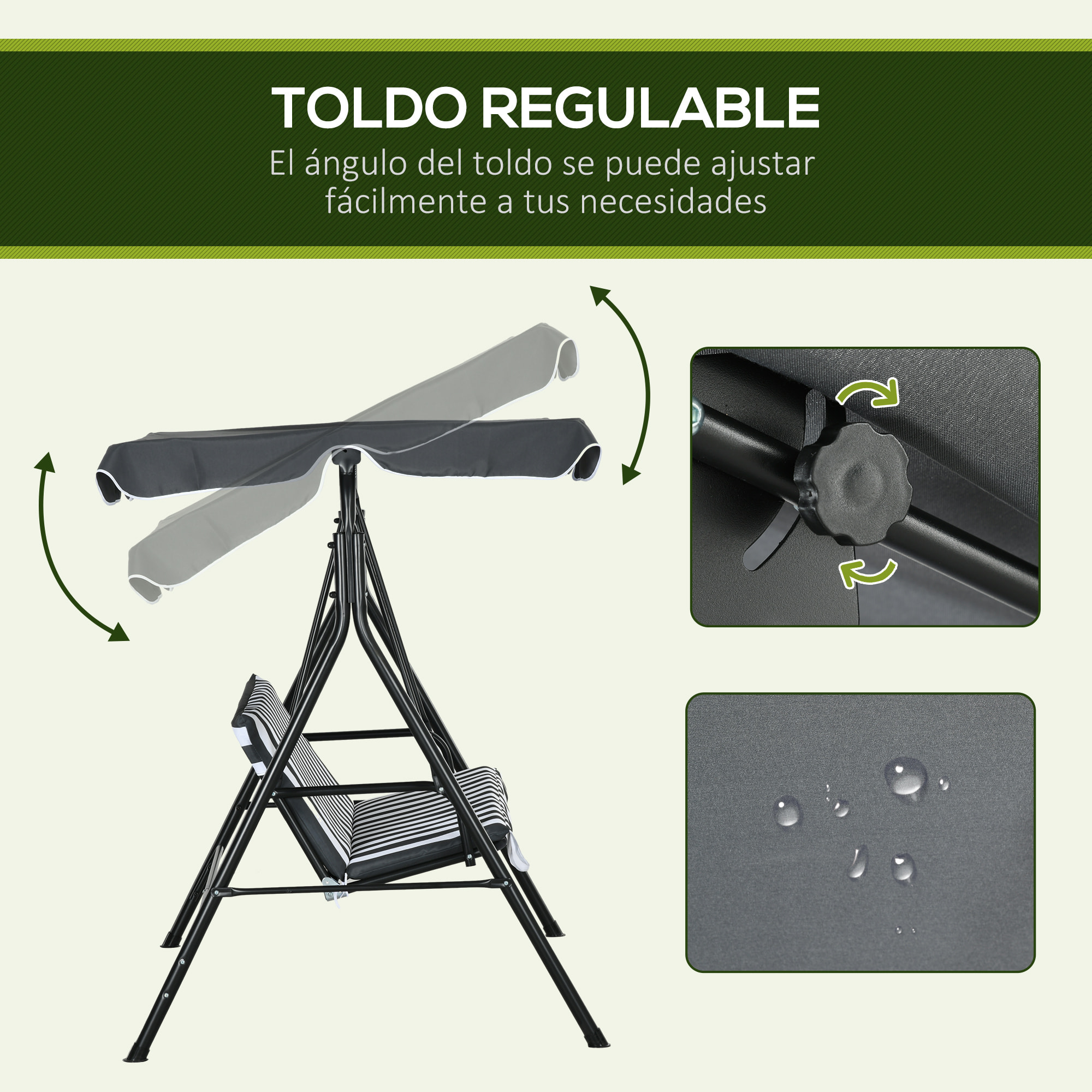 Columpio de Jardín Exterior de 3 Plazas, Balancín de Jardín Exterior con Techo Ajustable y Marco de Acero, para Balcón, Terraza, Patio, Carga 240 kg, 172x110x153 cm, Gris y Blanco