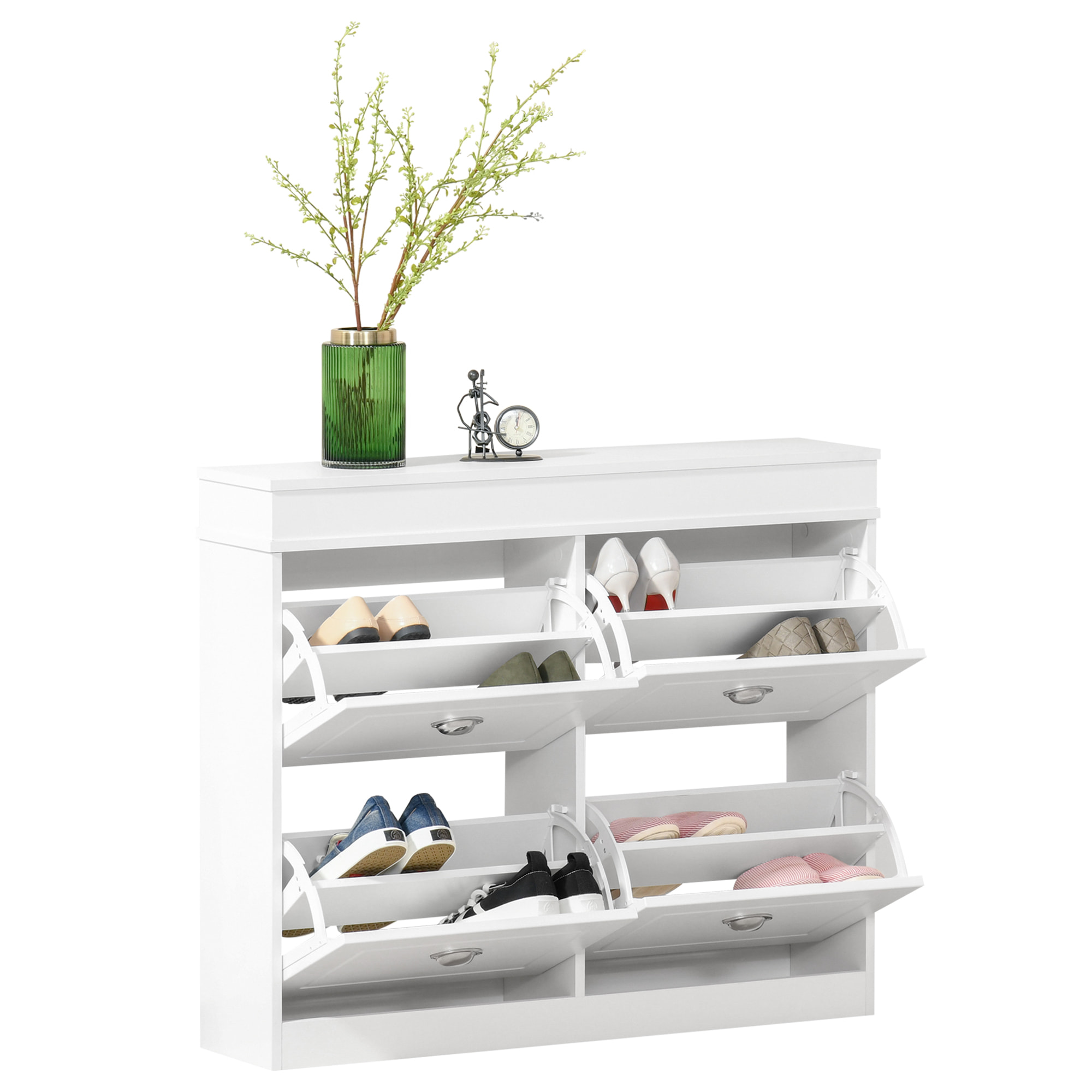 Armoire à chaussures meuble à chaussures rangement pour 32 paires dim. 98L x 24l x 83H cm  4 portes abattantes double niveau MDF blanc