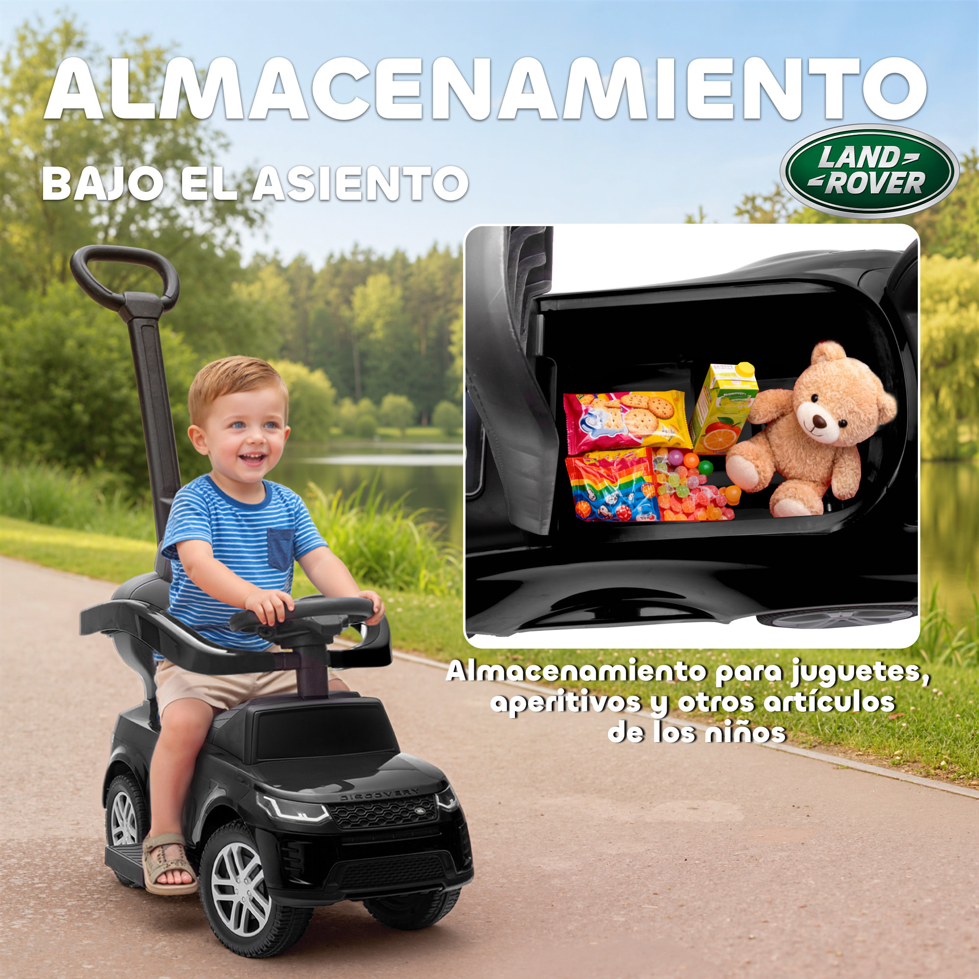 Coche Correpasillos 2 en 1 para Niños de 18-36 Meses LAND ROVER DISCOVERY, Correpasillos con Espacio de Almacenaje, Bocina, Volante, Mango de Empuje y Barandilla Extraíbles, Negro