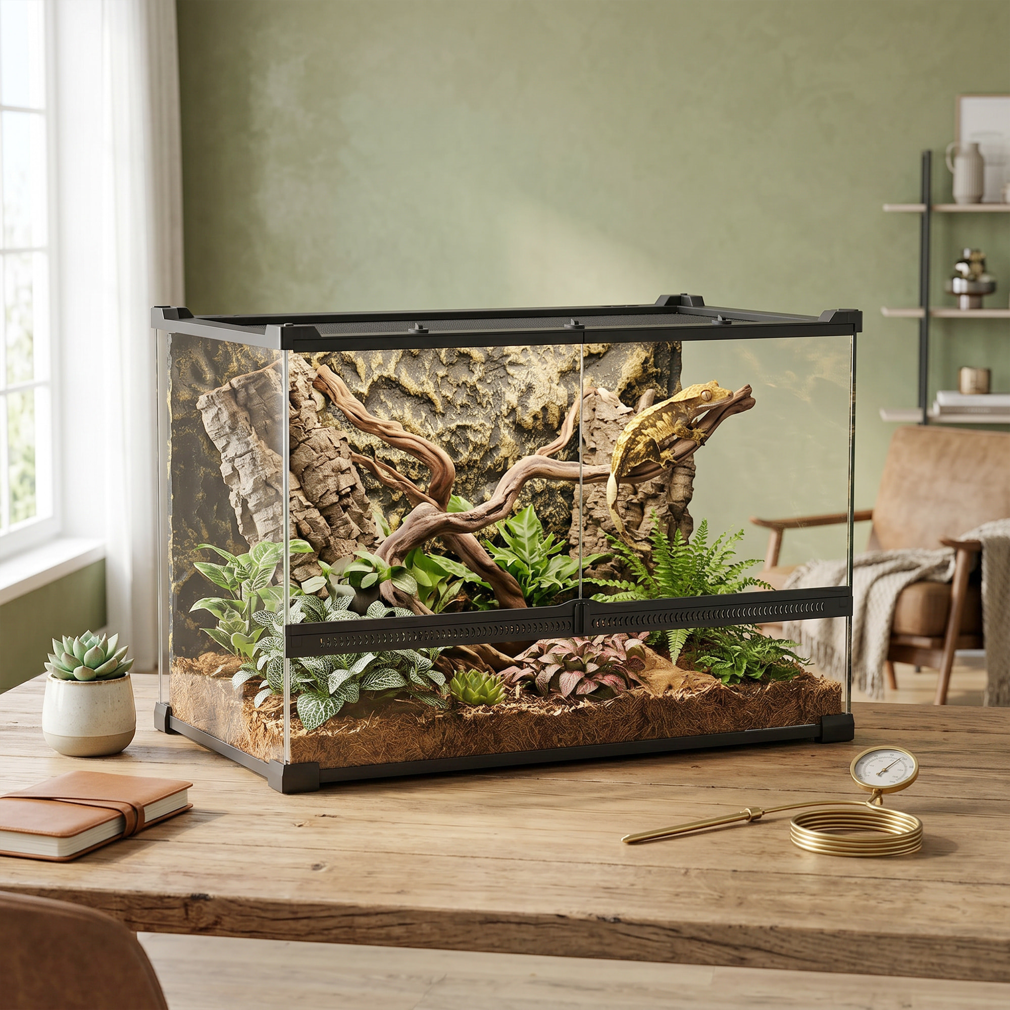 Terrarium verre 48L vivarium boîte à reptiles fermeture sécurisée par rotation noir