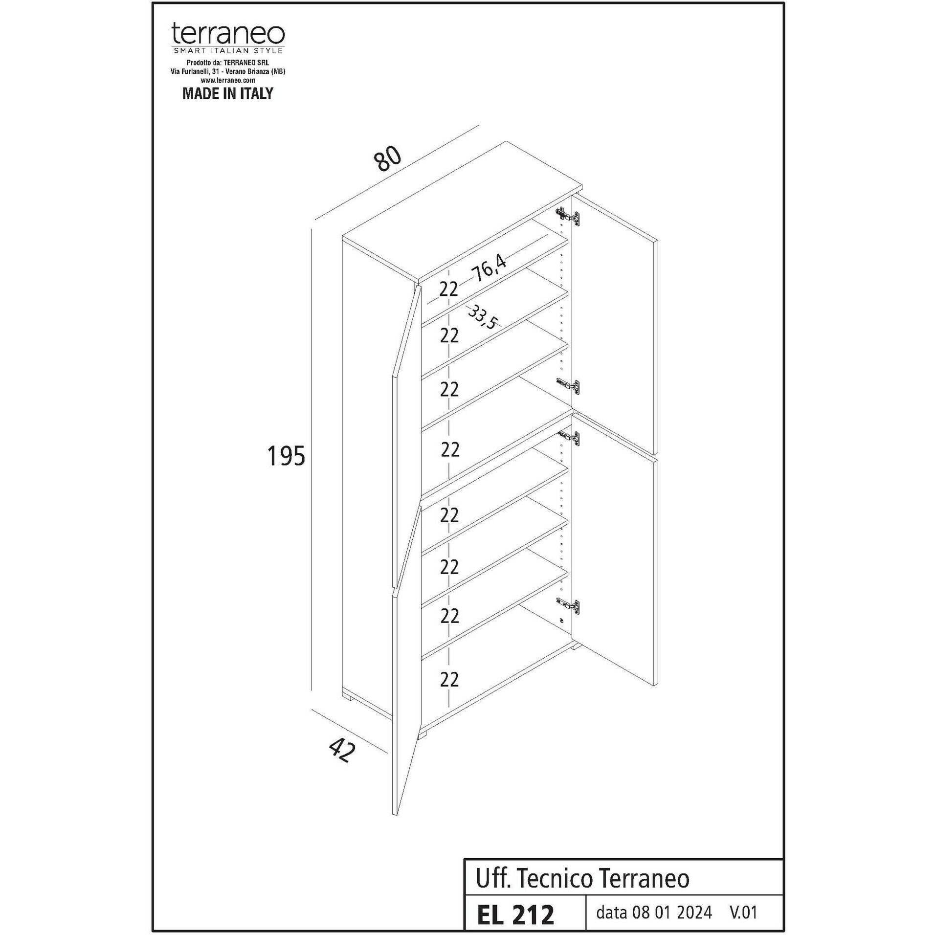 Armadio multiuso grande Dbalestr, Scarpiera con ripiani regolabili, Mobile porta scarpe a 4 ante, 100% Made in Italy, 80x37h195 cm, Bianco