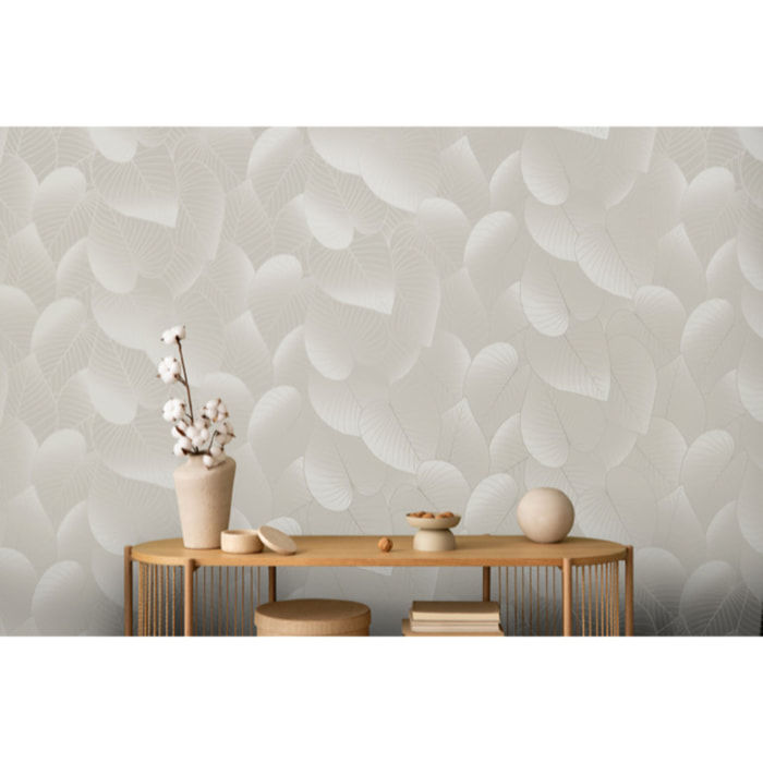 Papier peint feuilles tropicales beige lin