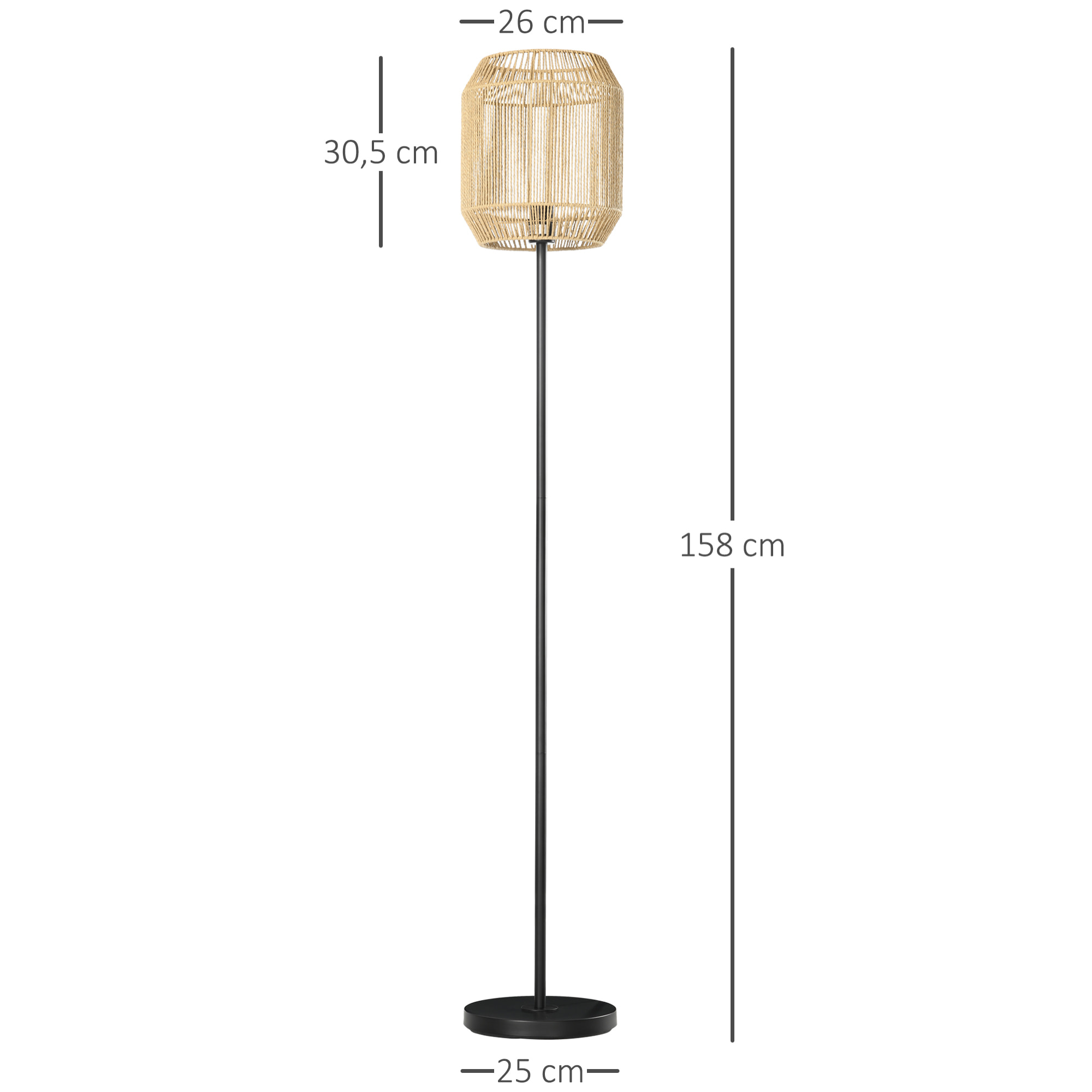 Lampadaire aspect cannage style cosy 40 W max. H.158 cm piètement mât métal noir abat-jour corde papier tressé main