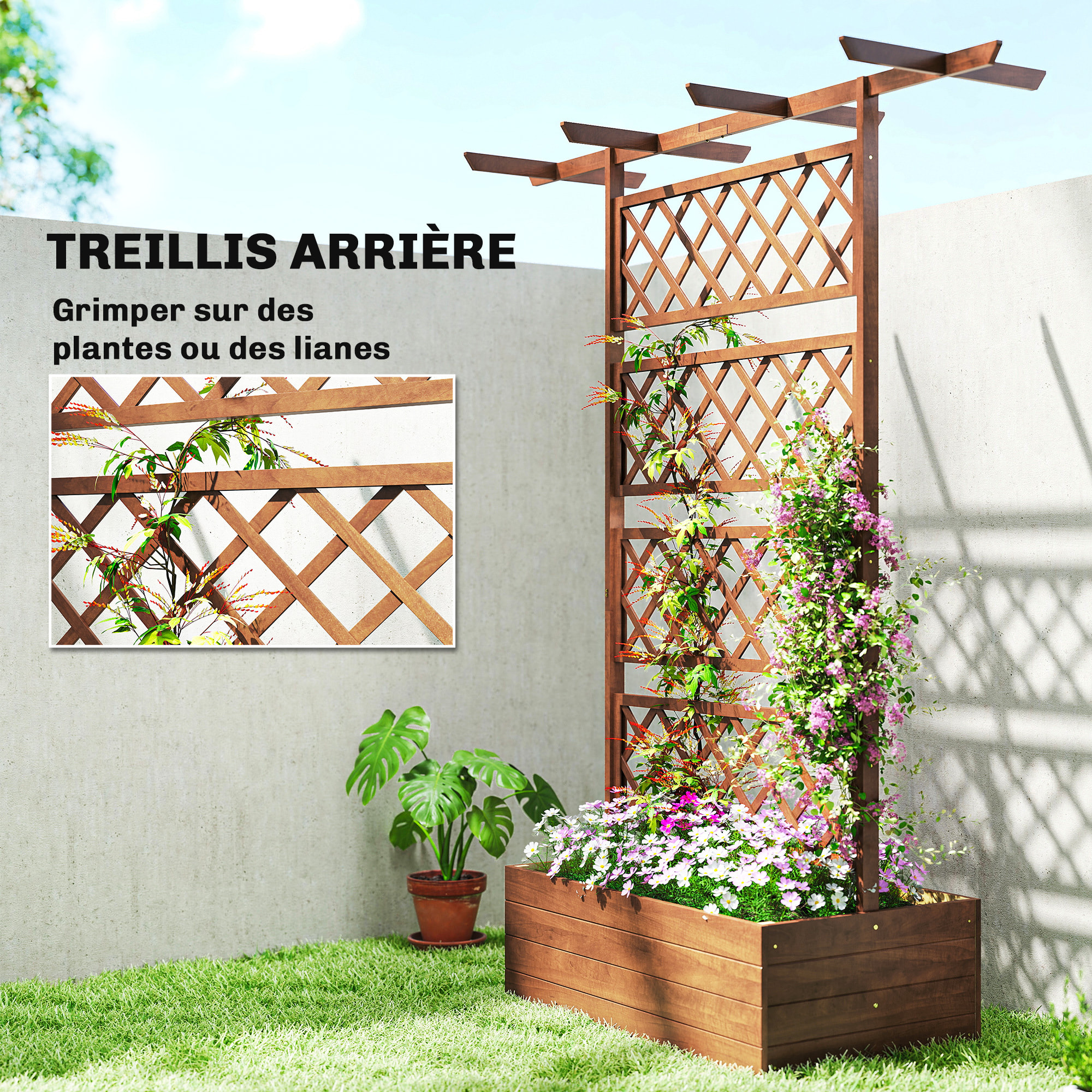 Jardinière treillis haut central avec poutres bois verni