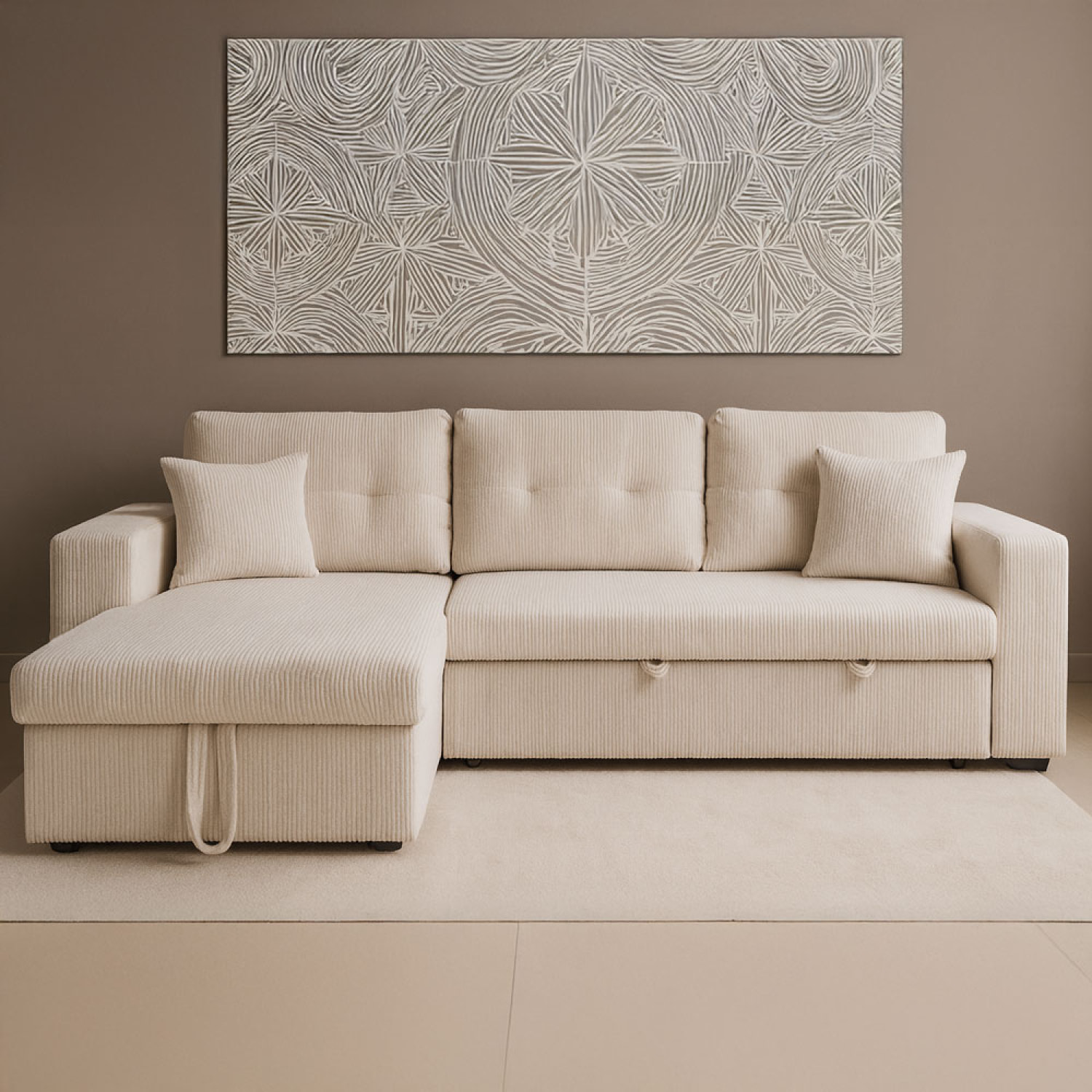 SAN DIEGO Canapé d'angle convertible 4 places avec coffre en velours côtelé beige