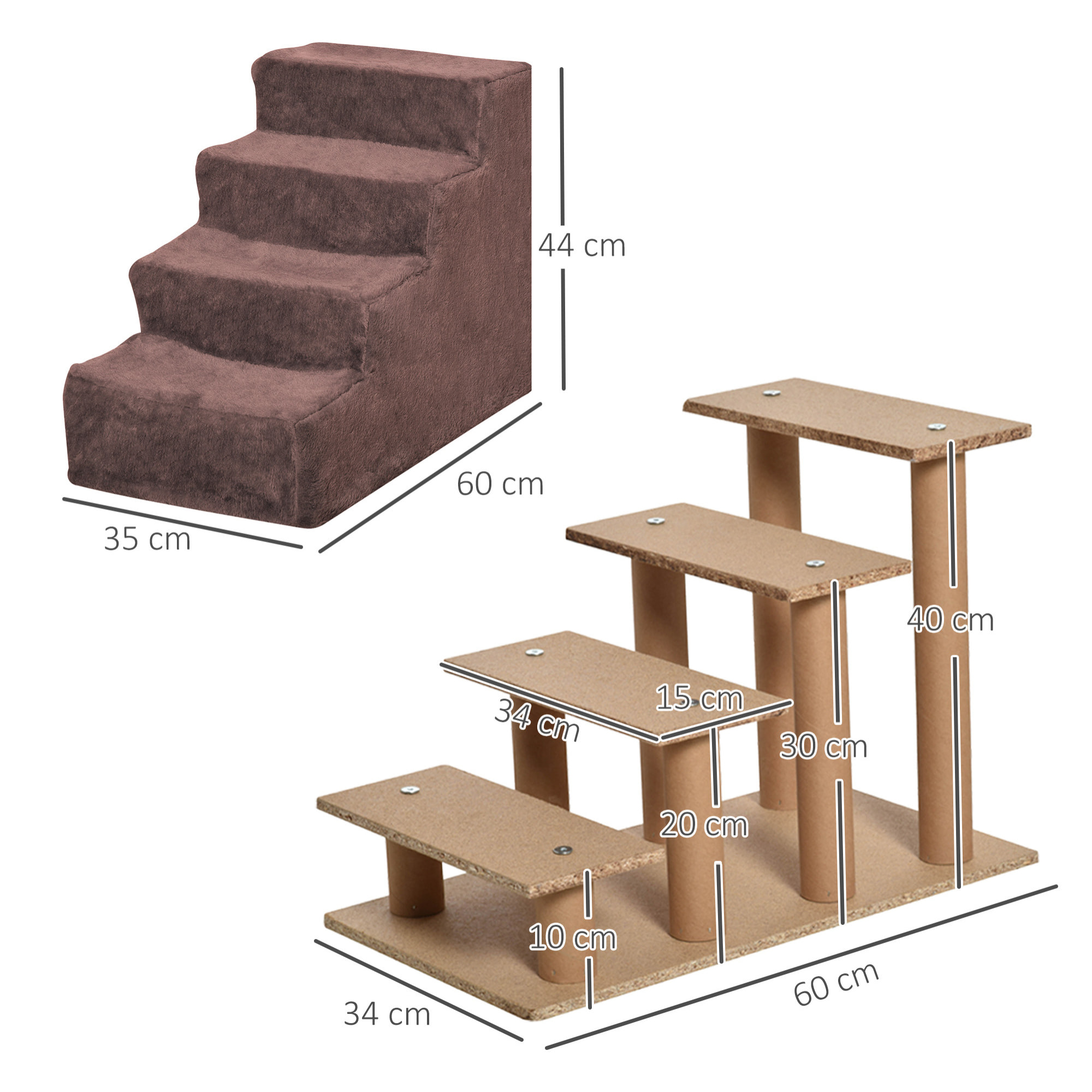 Escalera para Perros de 4 Peldaños Escalera para Mascotas con Funda Extraíble y Lavable para Cama Sofá 60x35x44 cm Marrón