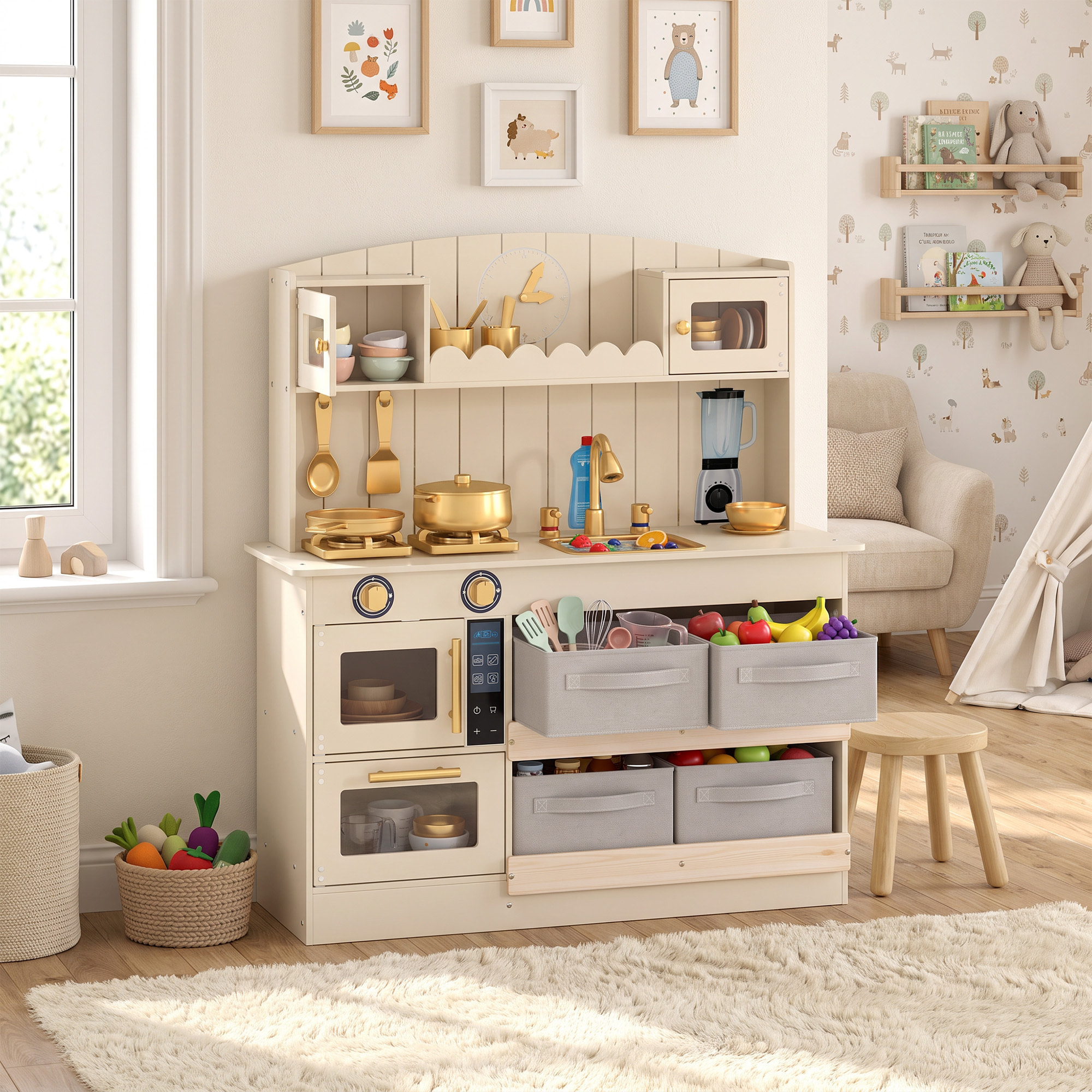 AIYAPLAY Cocina de Juguete de Madera con Luces y Sonidos, Cocinita Infantil con 4 Cestas de Tela, 12 Accesorios, 2 Fogones, Microondas, Fregadero, Grifo, 3-6 Años, Crema