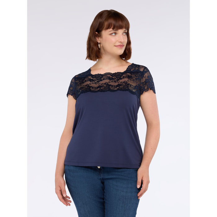 Fiorella Rubino - Camiseta de punto con inserto de encaje - Azul