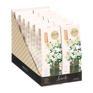 Confezione da 12 mikados con profumo di gelsomino. Bottiglia da 30ml e 6 bastoncini di fragranza.