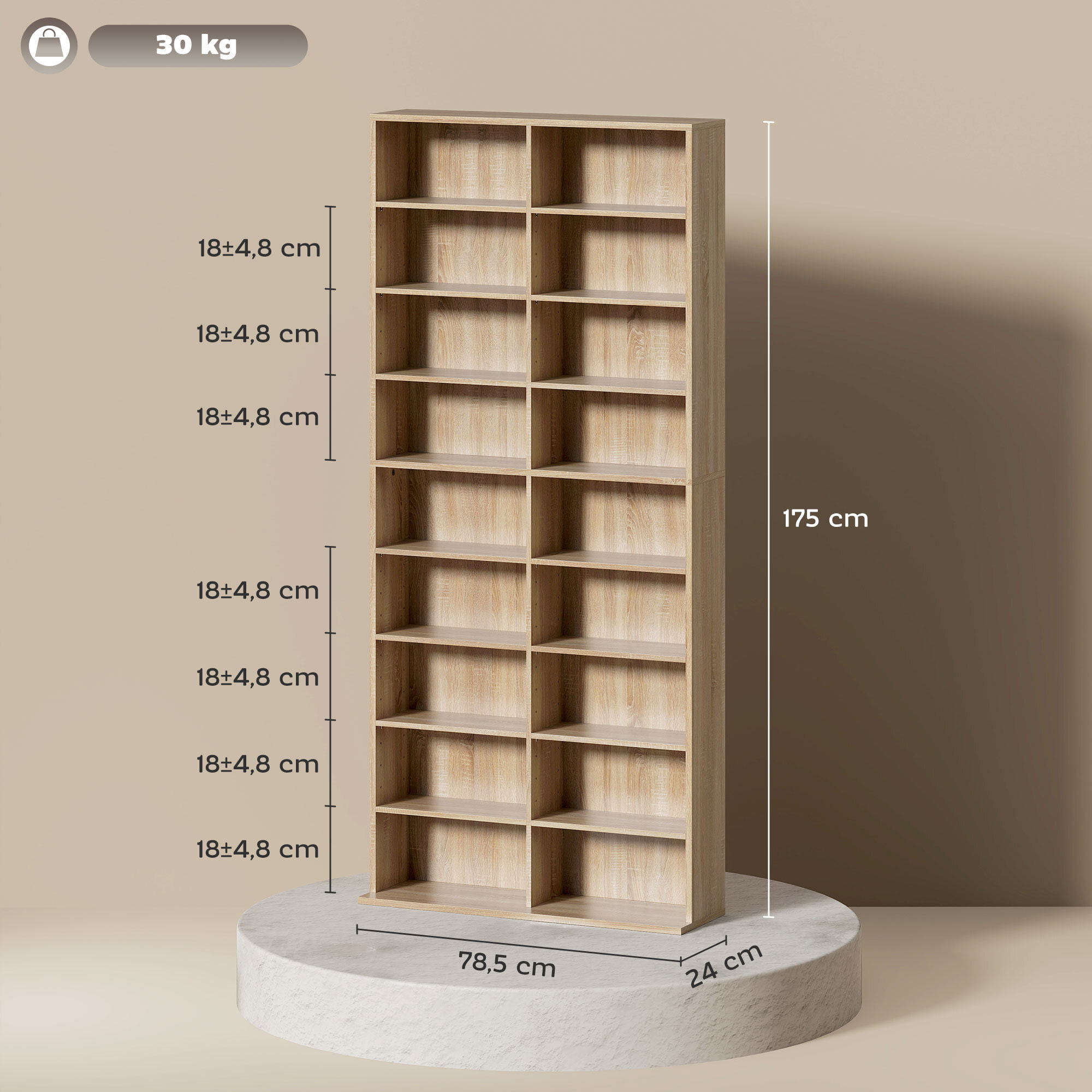 Étagère pour CD et DVD - 18 compartiments, 14 étagères réglables - 78,5x24x175cm - naturel