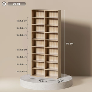 Étagère pour CD et DVD - 18 compartiments, 14 étagères réglables - 78,5x24x175cm - naturel